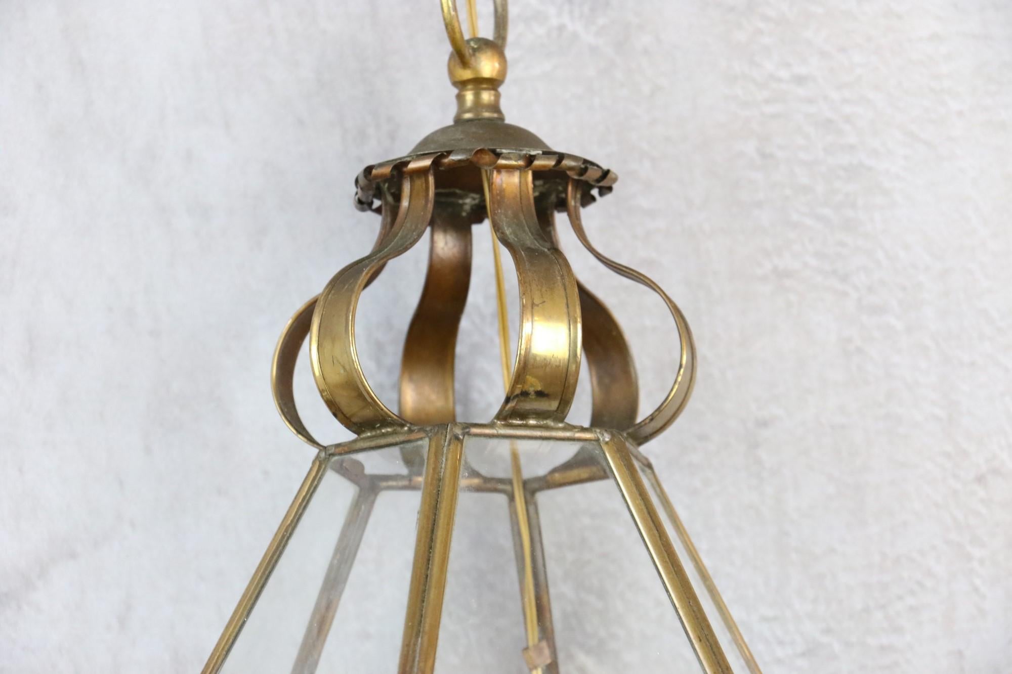 French Vintage Brass and Cut Clear Glass Hexagonal Hanging Lantern For Sale 2