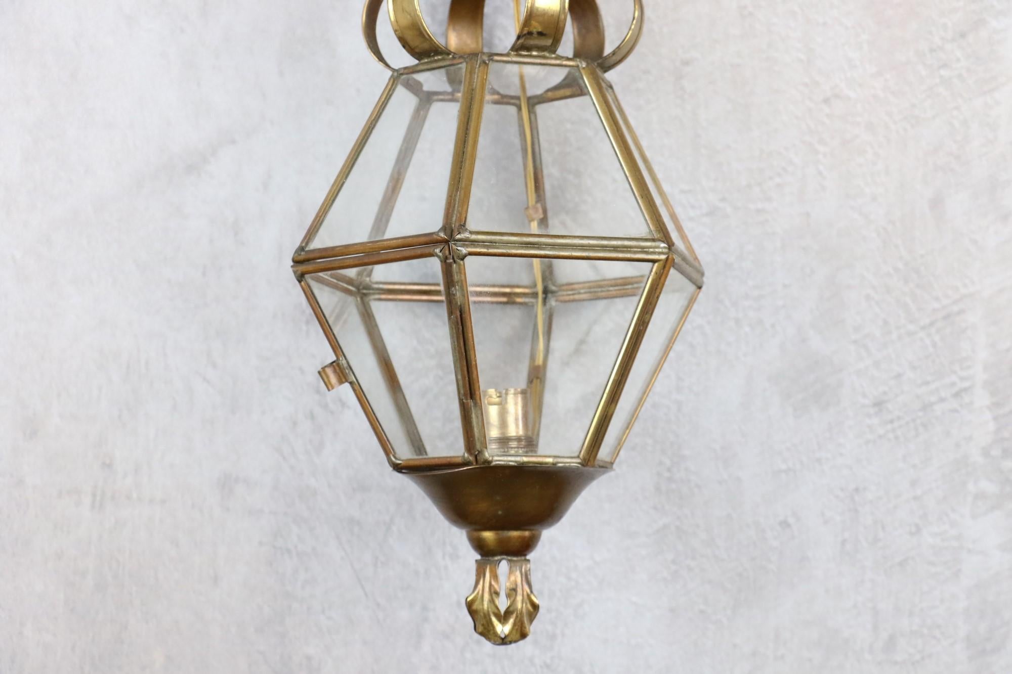 French Vintage Brass and Cut Clear Glass Hexagonal Hanging Lantern For Sale 3