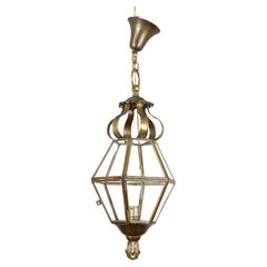 French Retro Brass and Cut Clear Glass Hexagonal Hanging Lantern