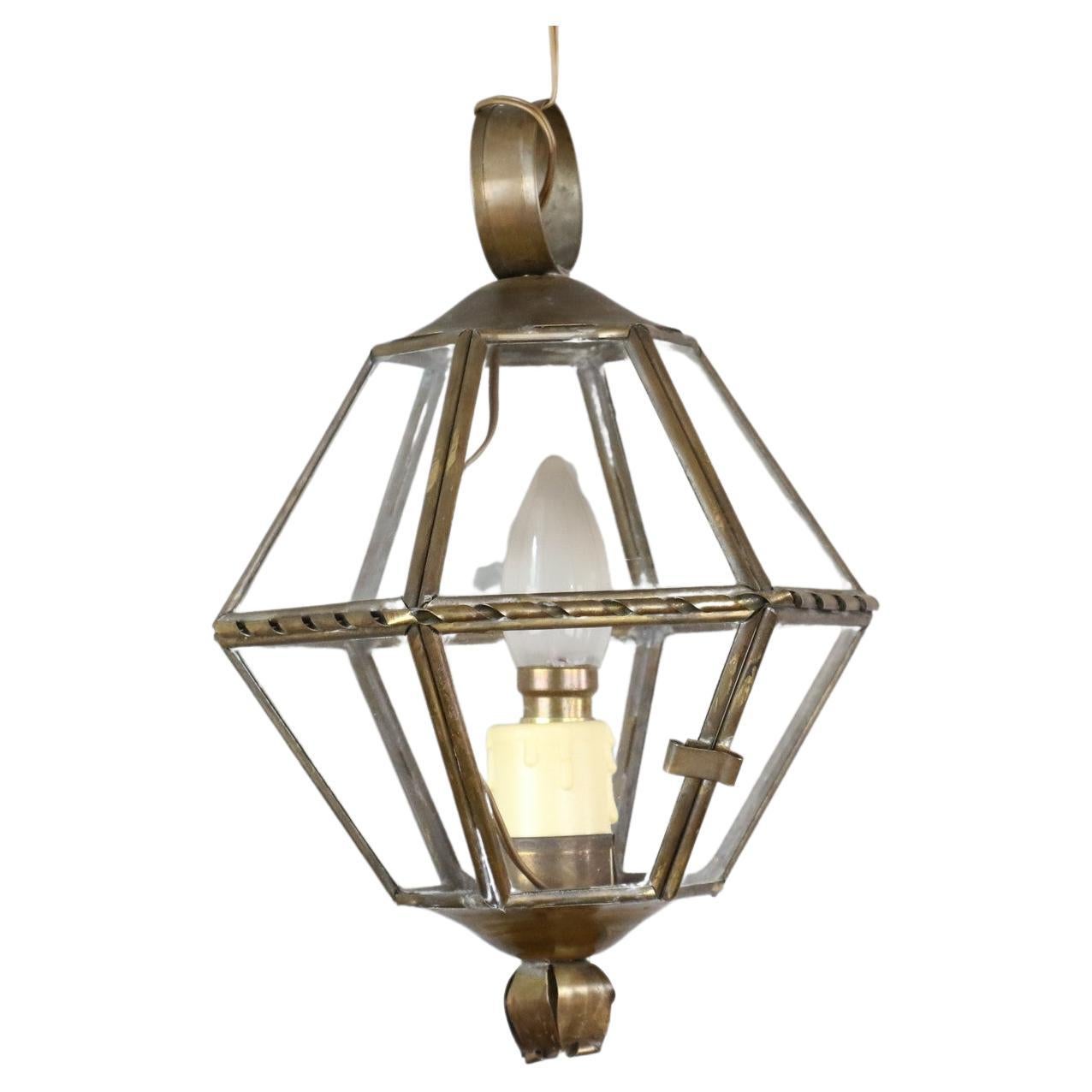 French Vintage Brass and Cut Clear Glass Hexagonal Hanging Lantern For Sale