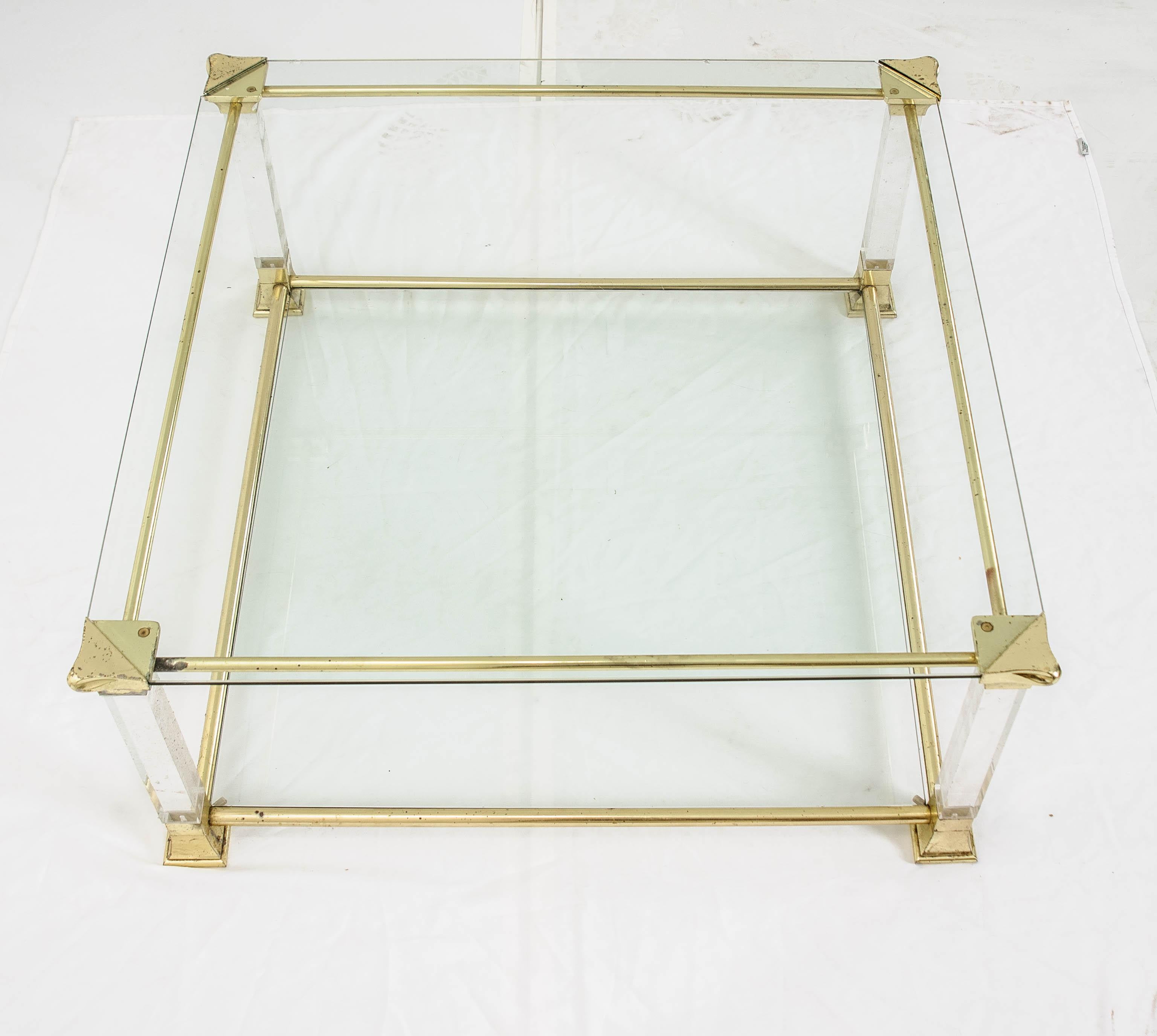 20th Century French Vintage Brass and Glass Square Coffee Table