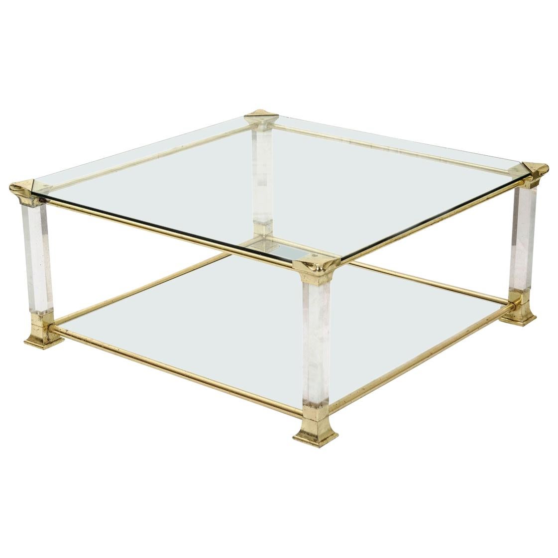French Vintage Brass and Glass Square Coffee Table
