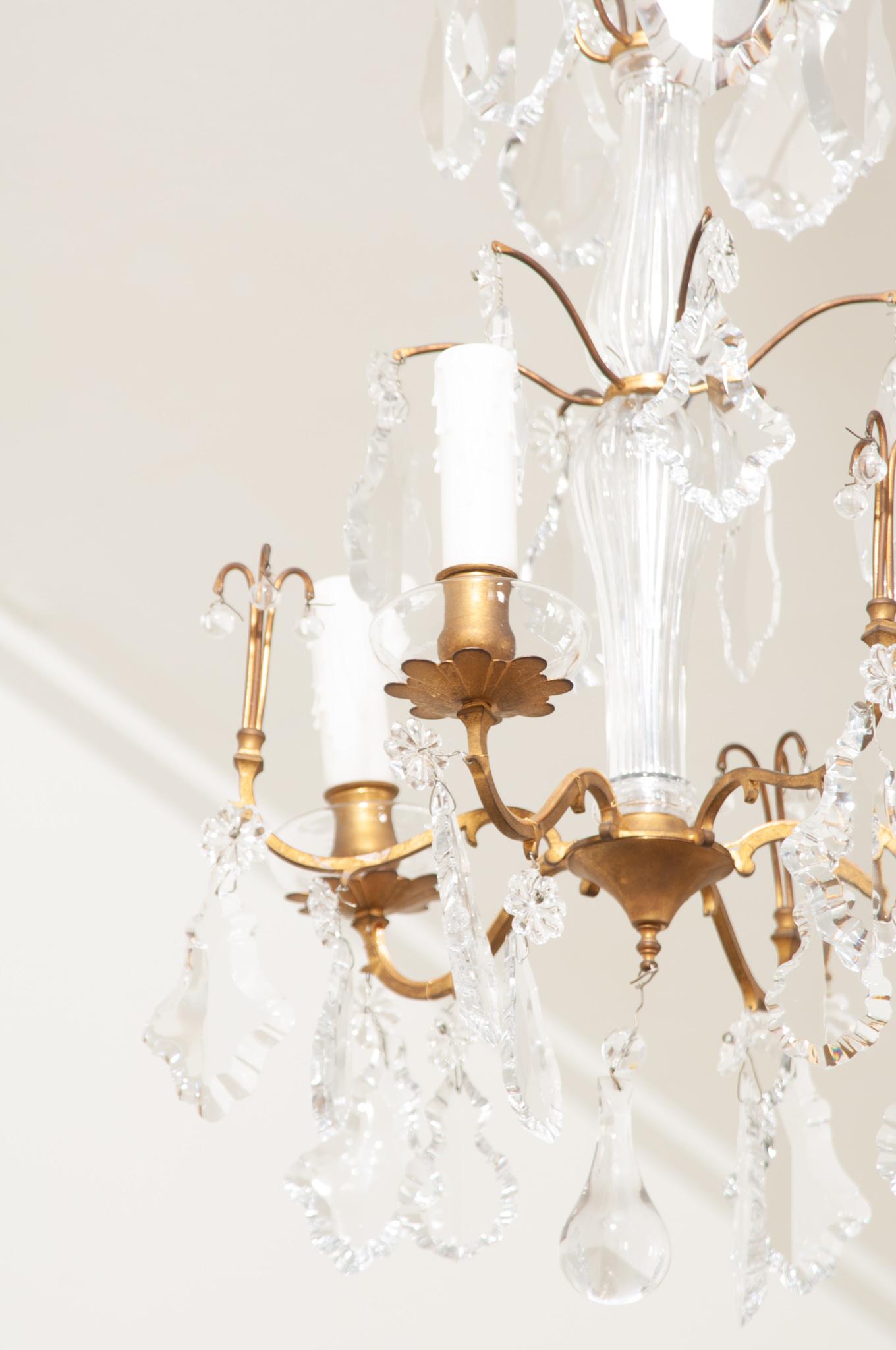 20th Century French Vintage Brass & Crystal Chandelier