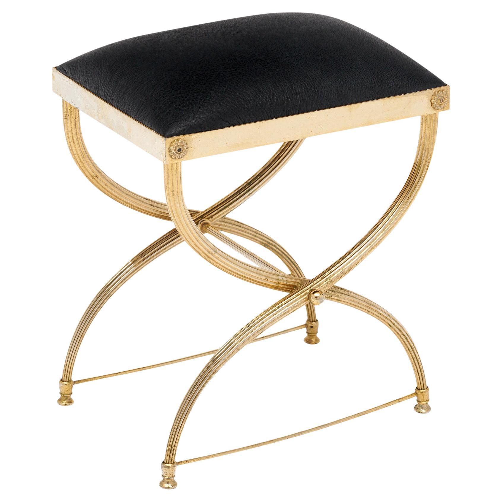 French Art Deco Brass Curule Stool, Black Leather Seat, Vintage 1930