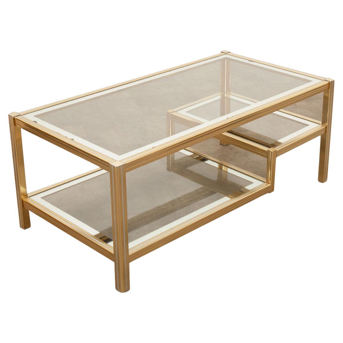French Vintage Brass Glass Coffee Table For Sale