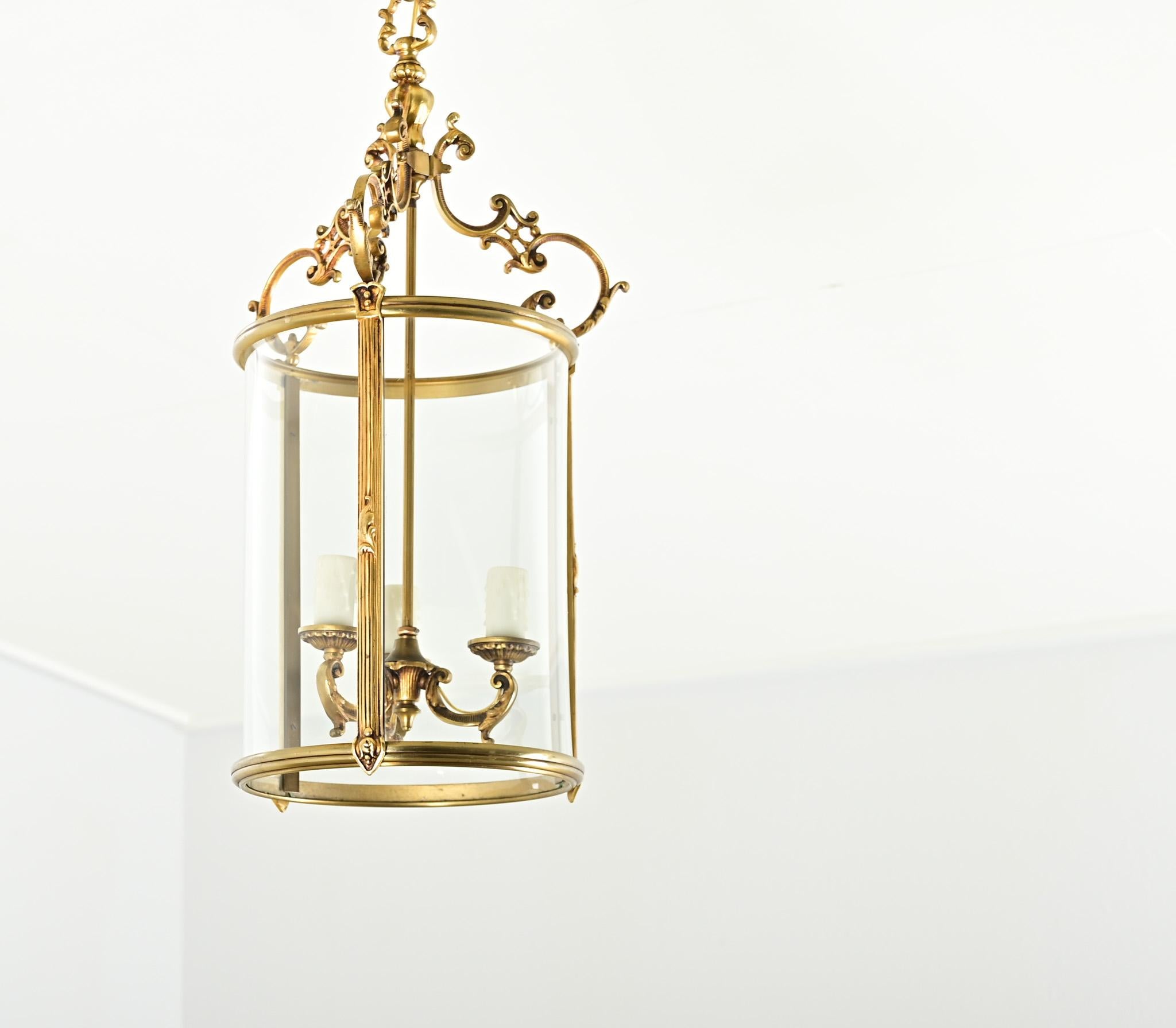 Neoclassico Lanterna francese d'epoca in ottone e vetro A. Hall in vendita