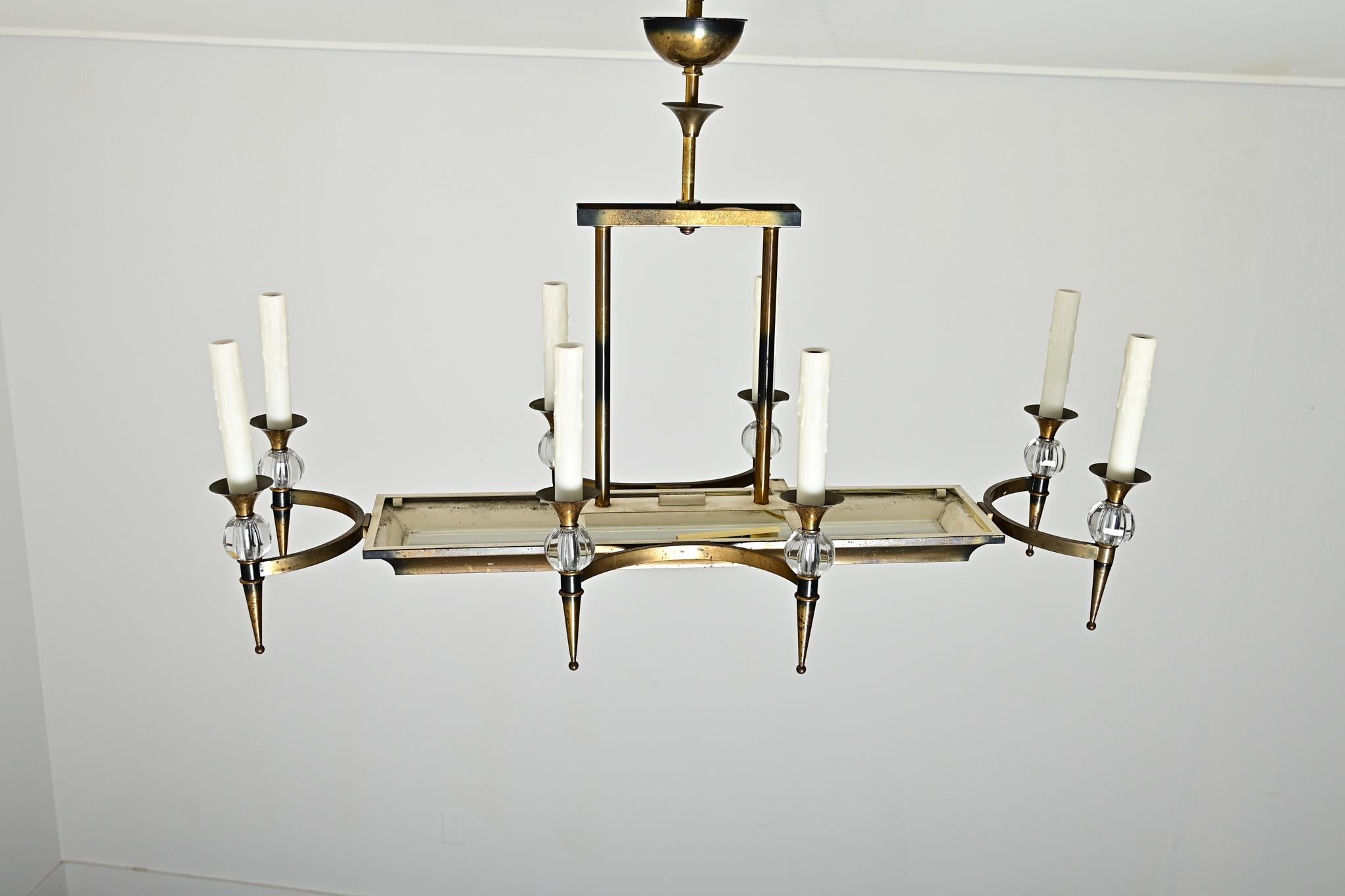 French Vintage Brass & Glass Linear Chandelier For Sale 5
