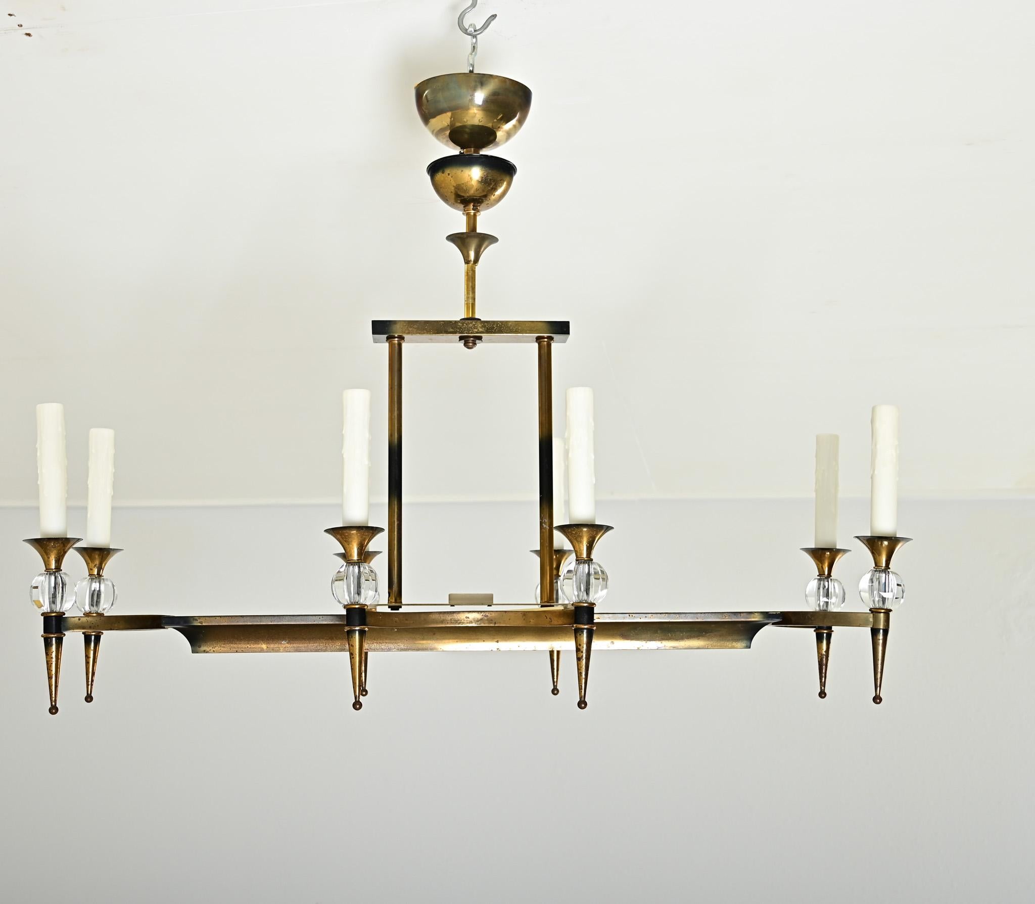 French Vintage Brass & Glass Linear Chandelier For Sale 6