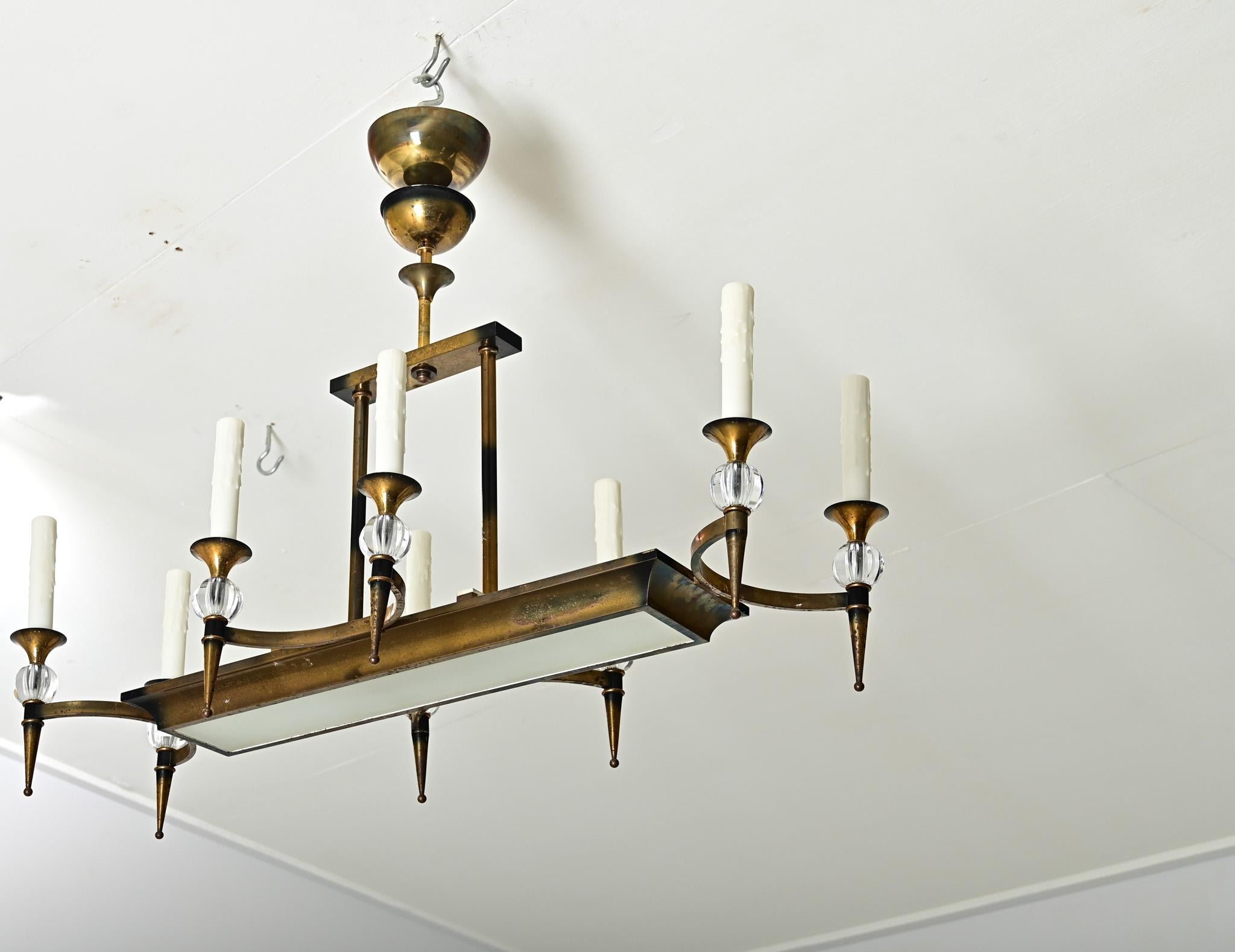 French Vintage Brass & Glass Linear Chandelier For Sale 8