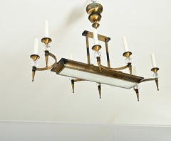 French Vintage Brass & Glass Linear Chandelier