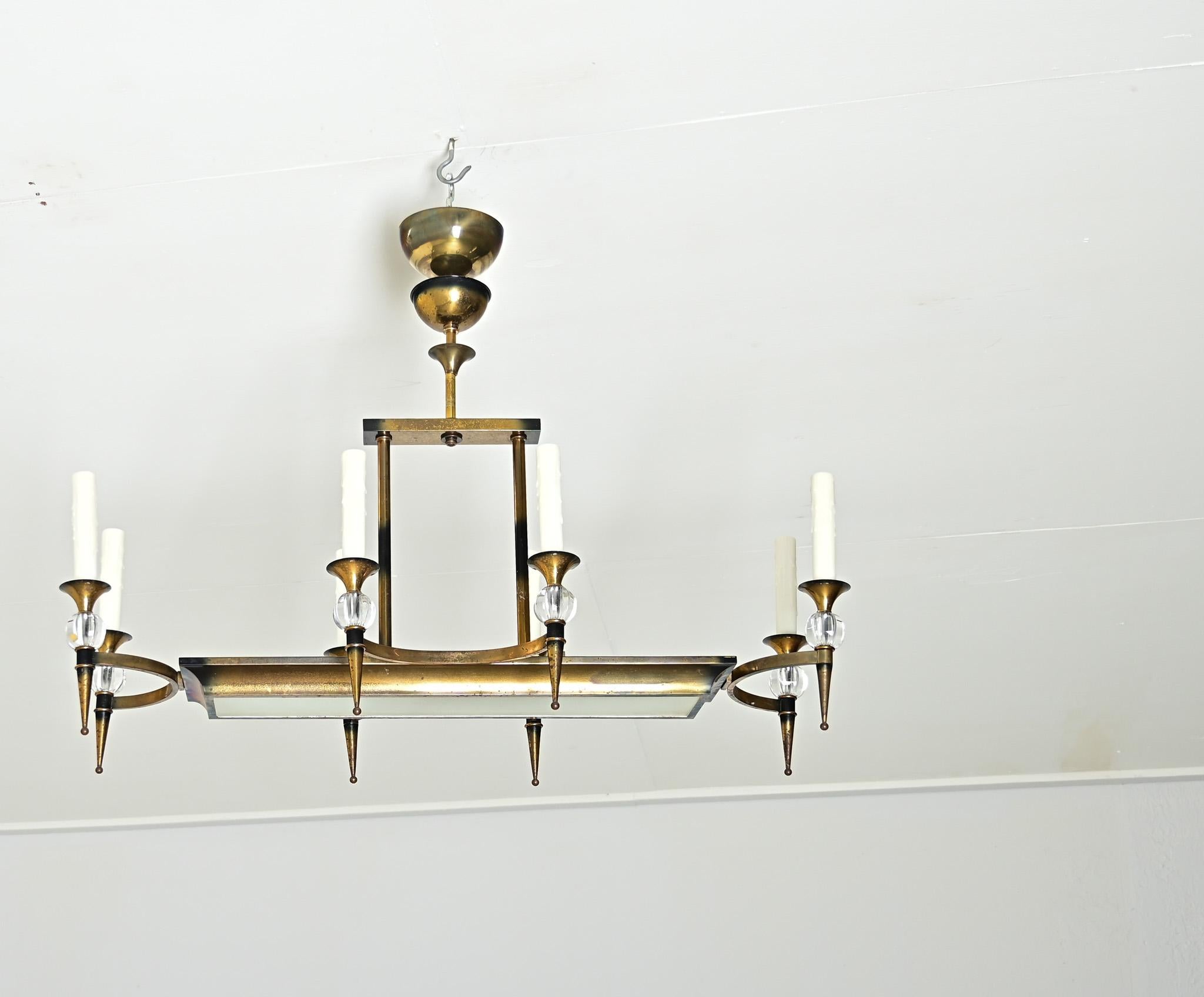 Art Deco French Vintage Brass & Glass Linear Chandelier For Sale