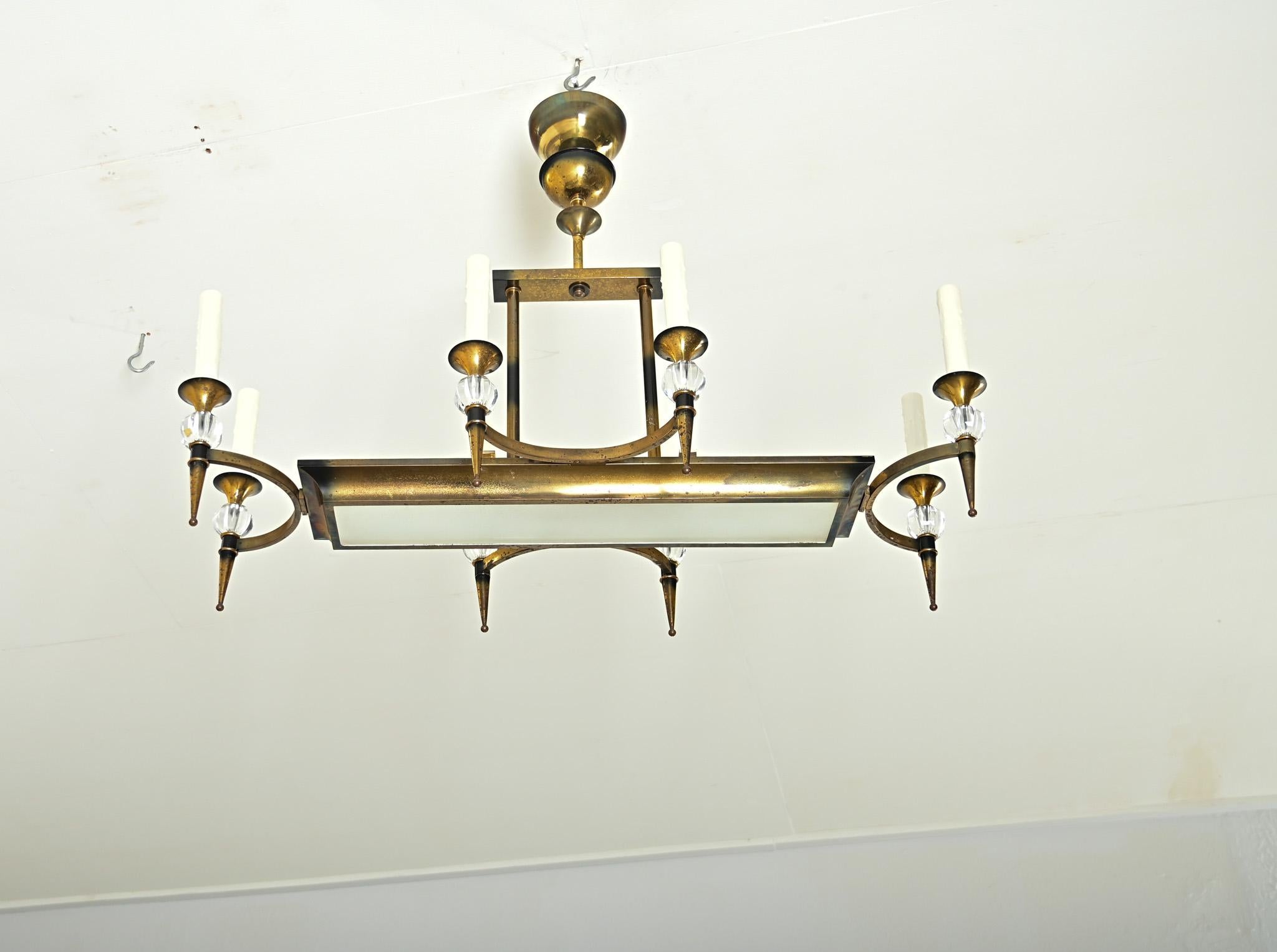 Other French Vintage Brass & Glass Linear Chandelier For Sale