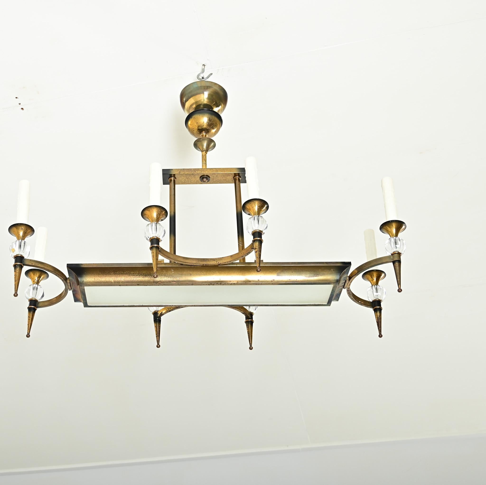 French Vintage Brass & Glass Linear Chandelier In Good Condition For Sale In Baton Rouge, LA