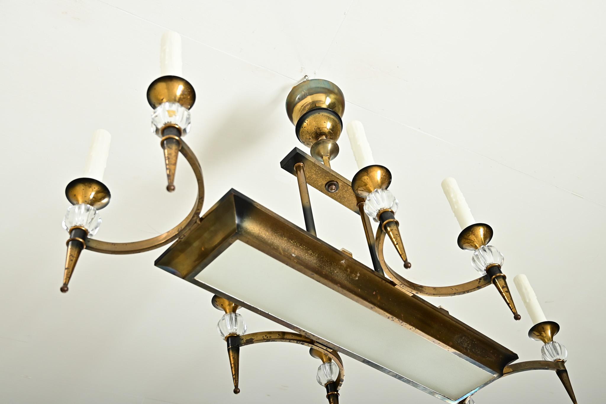 20th Century French Vintage Brass & Glass Linear Chandelier For Sale