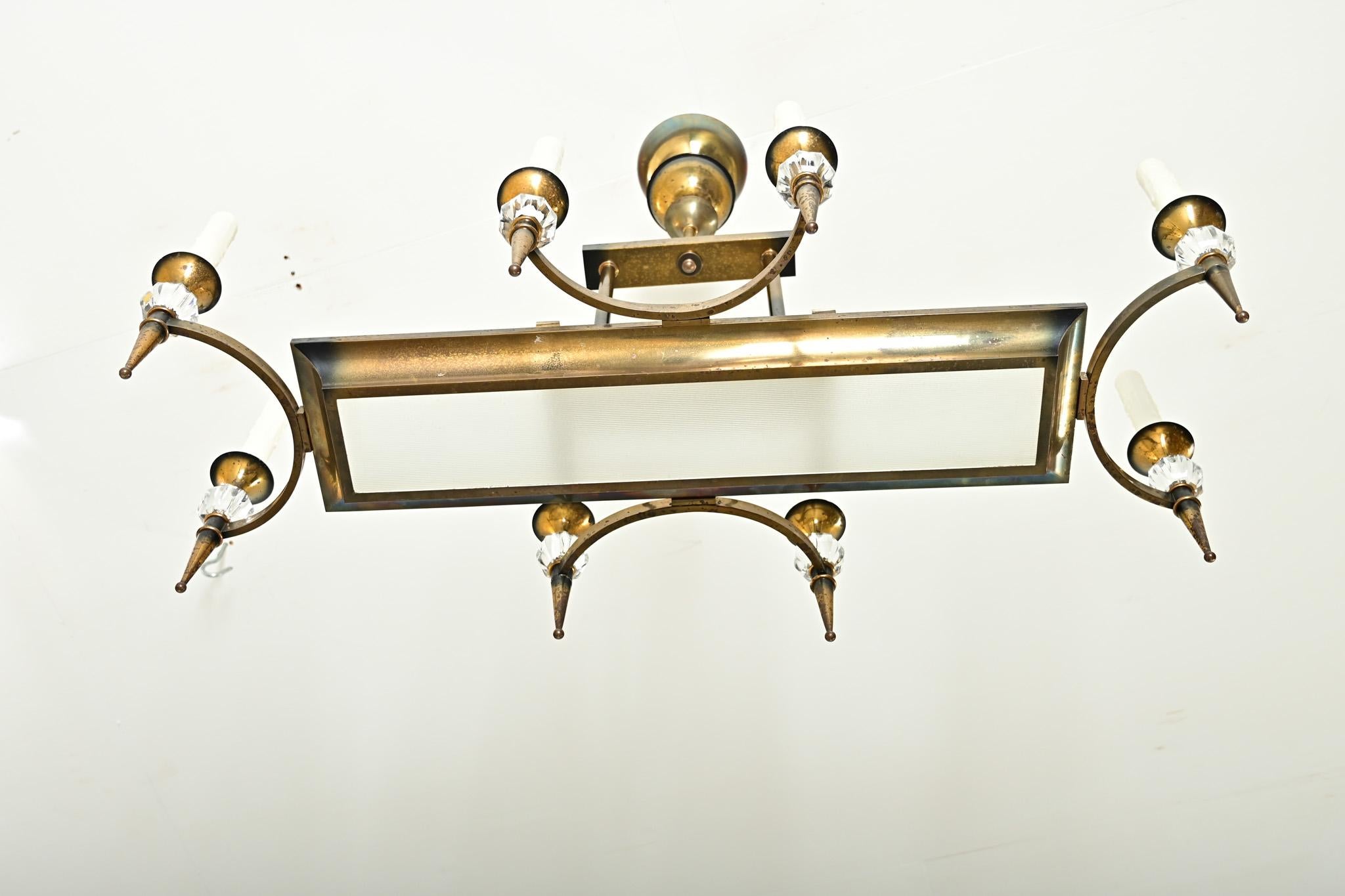 French Vintage Brass & Glass Linear Chandelier For Sale 3