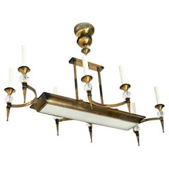 French Vintage Brass & Glass Linear Chandelier