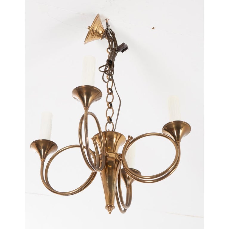 French Vintage Brass Horn Chandelier at 1stDibs