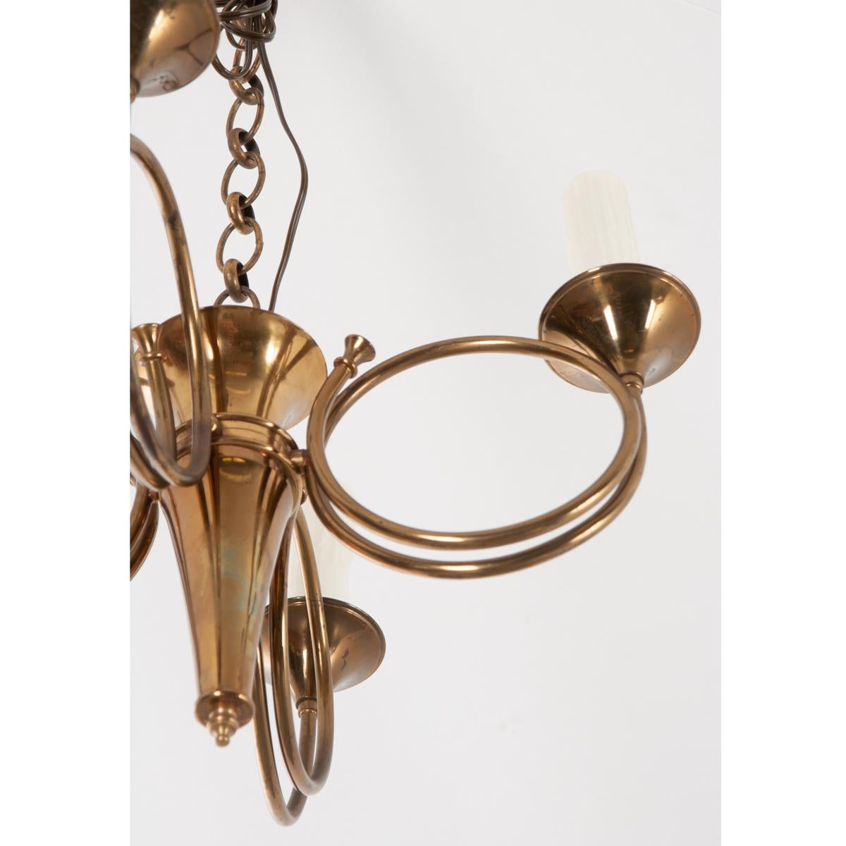 French Vintage Brass Horn Chandelier In Good Condition In Baton Rouge, LA