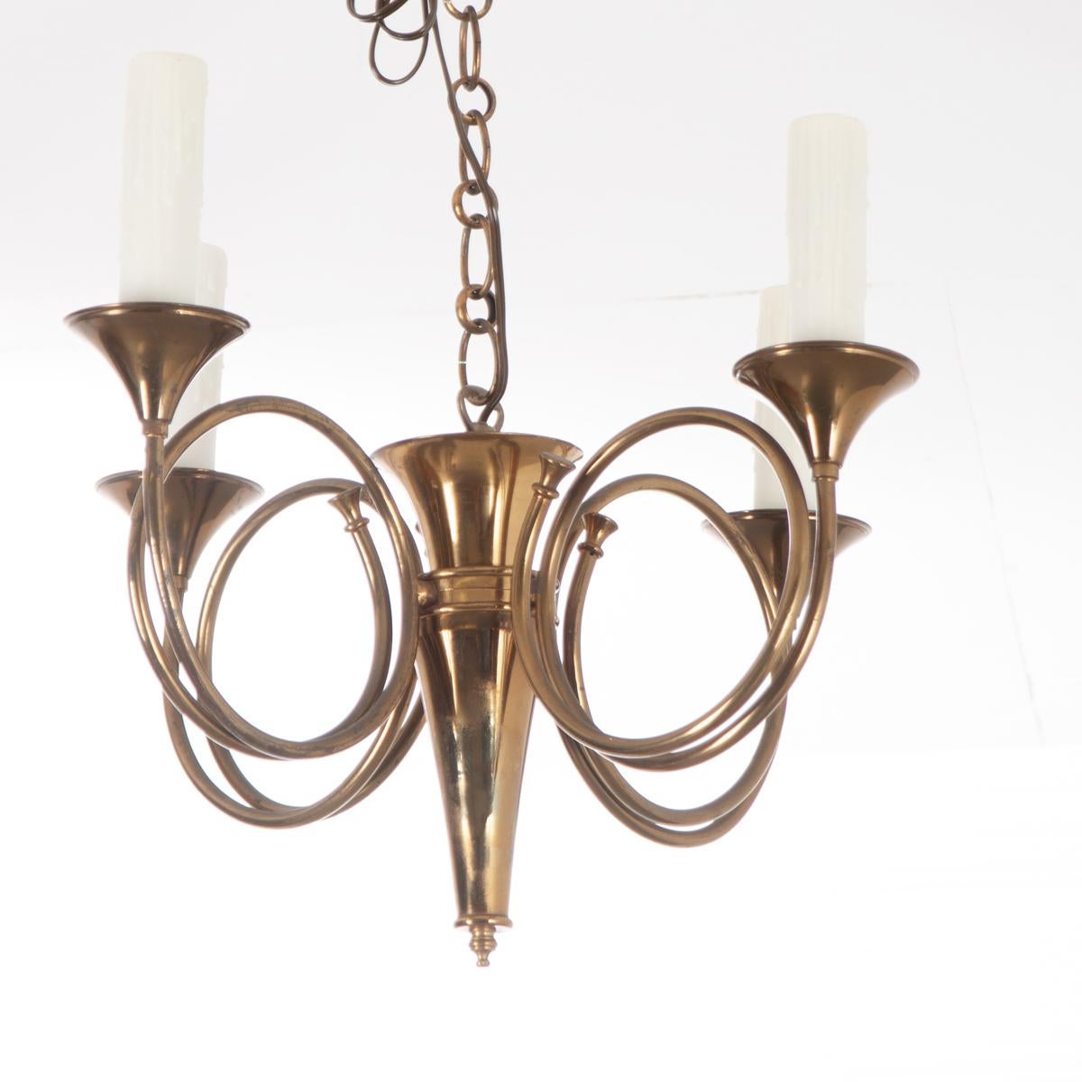 French Vintage Brass Horn Chandelier 2