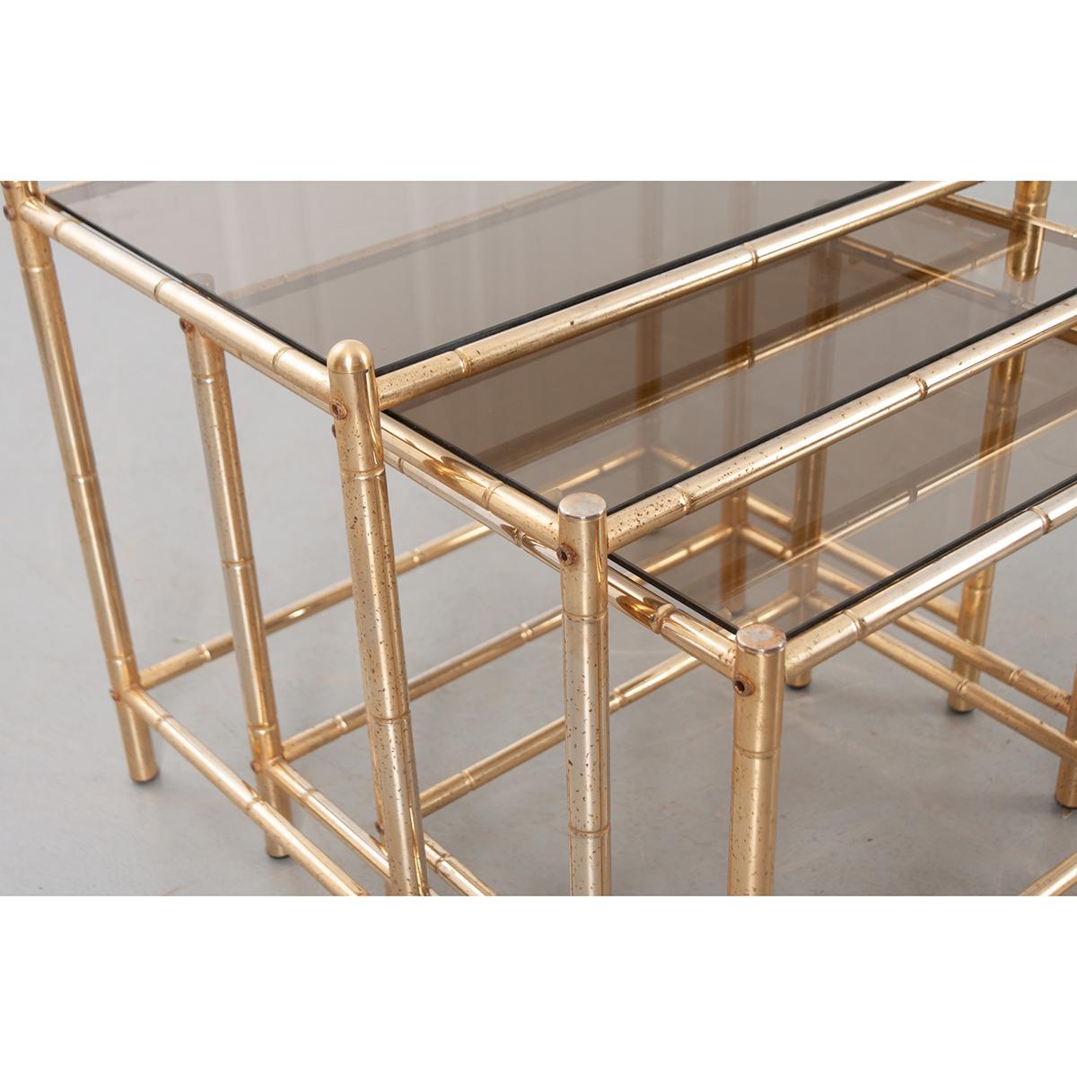 French Vintage Brass Nesting Tables with Tinted Glass Tops In Good Condition In Baton Rouge, LA