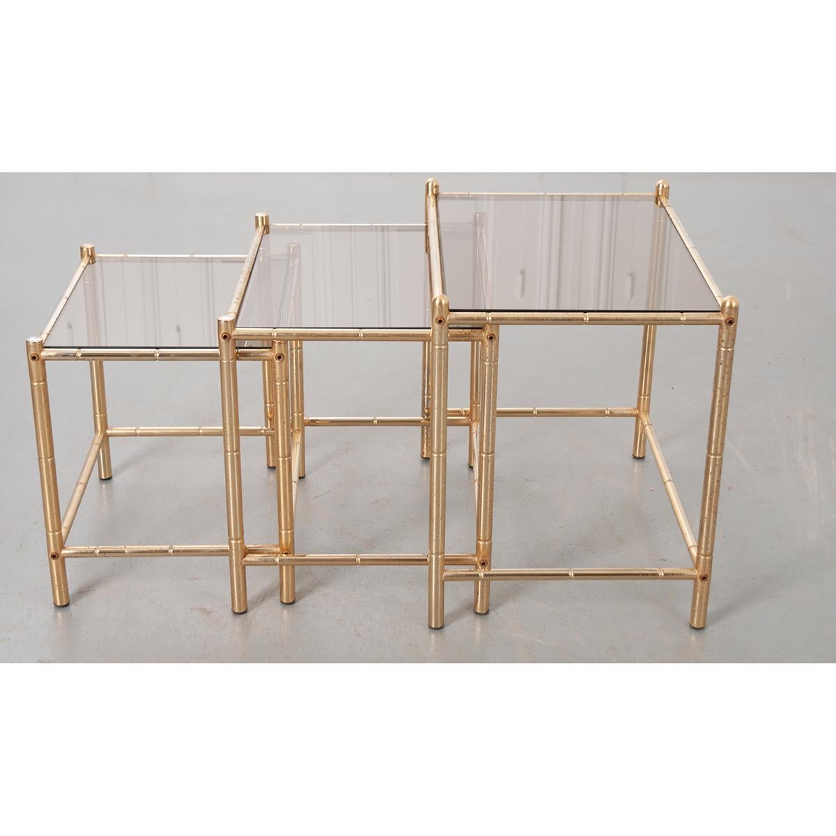 French Vintage Brass Nesting Tables with Tinted Glass Tops 1