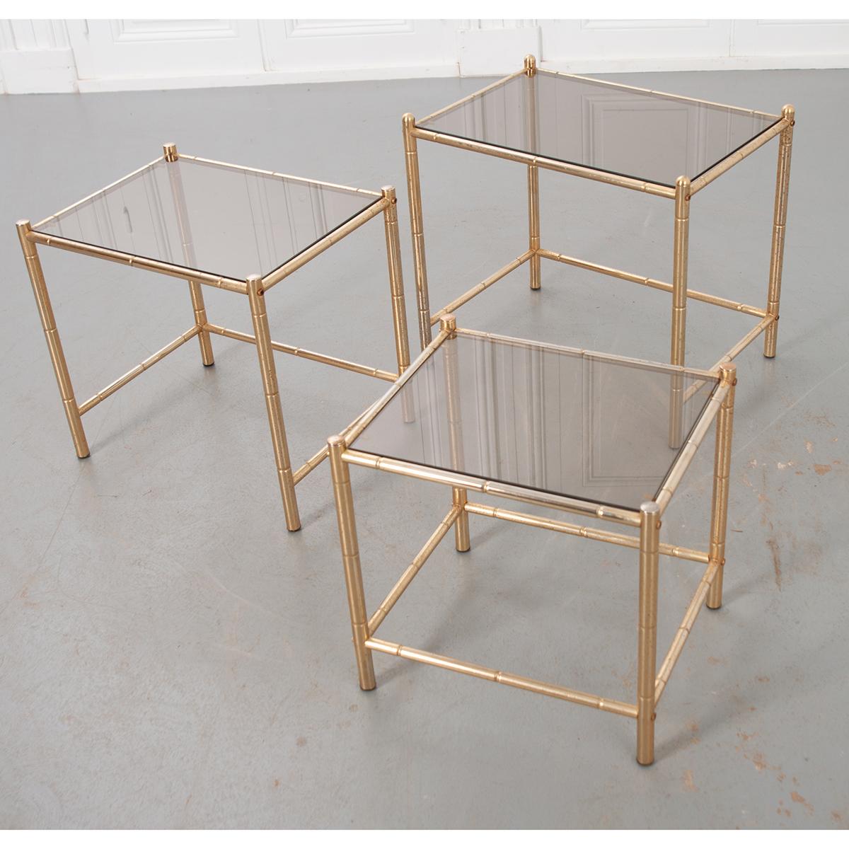 French Vintage Brass Nesting Tables with Tinted Glass Tops 2
