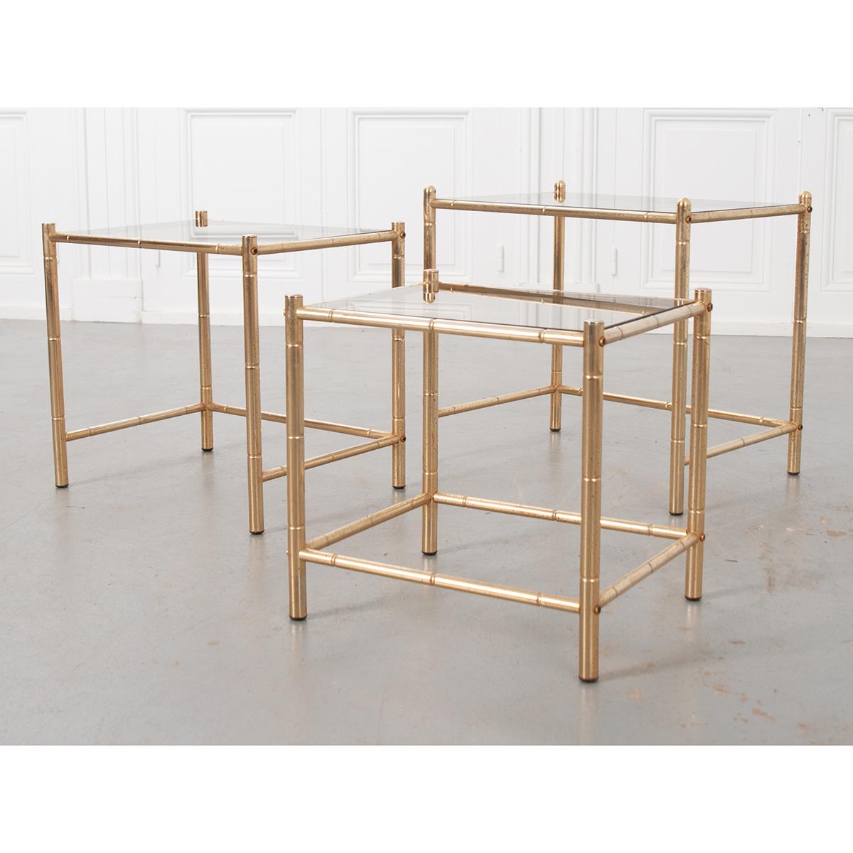 French Vintage Brass Nesting Tables with Tinted Glass Tops 3