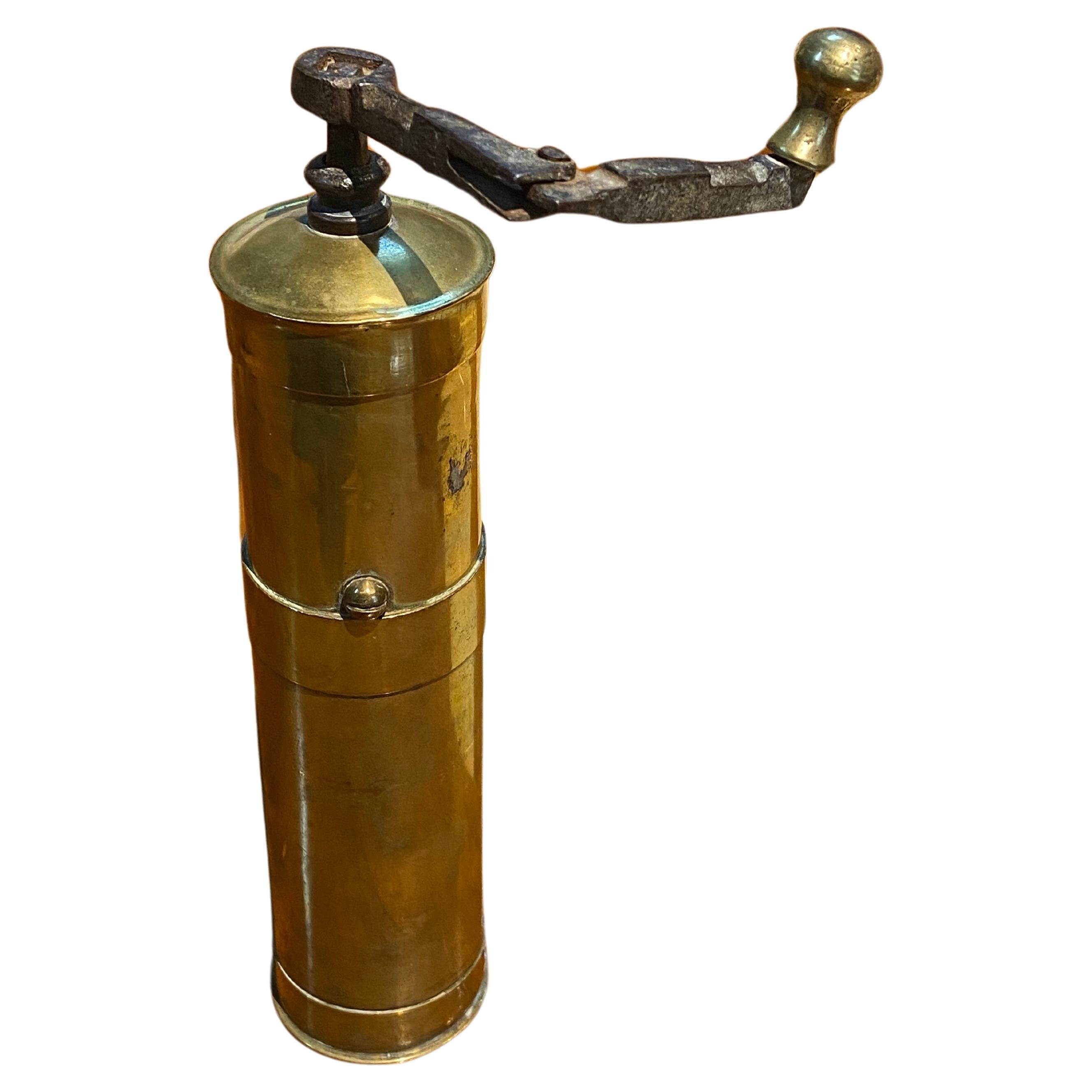 French Vintage Brass Pepper Mill with Removable Handle For Sale