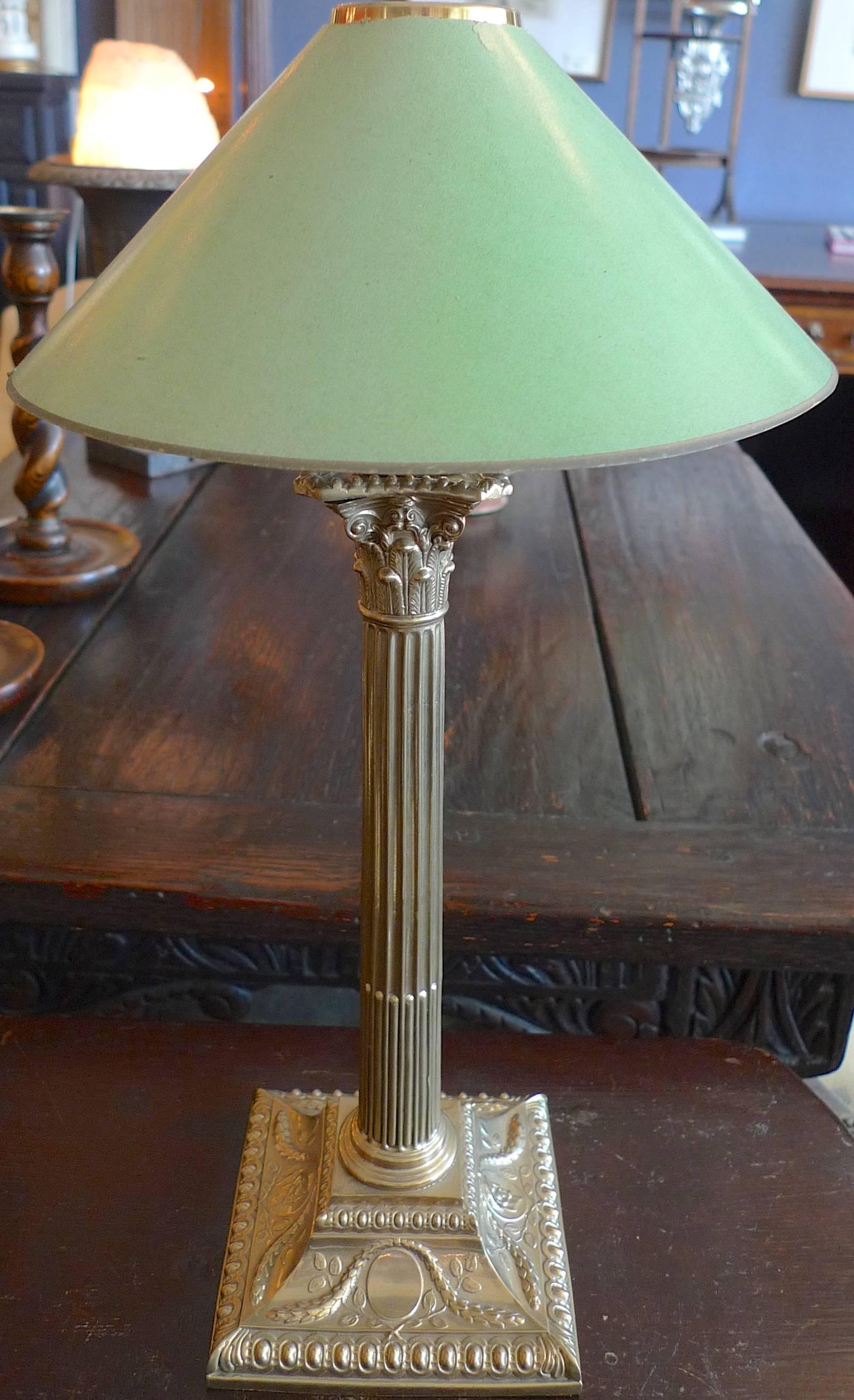 French vintage brass pillar table lamp with paper shade. Converted and US wired.
 