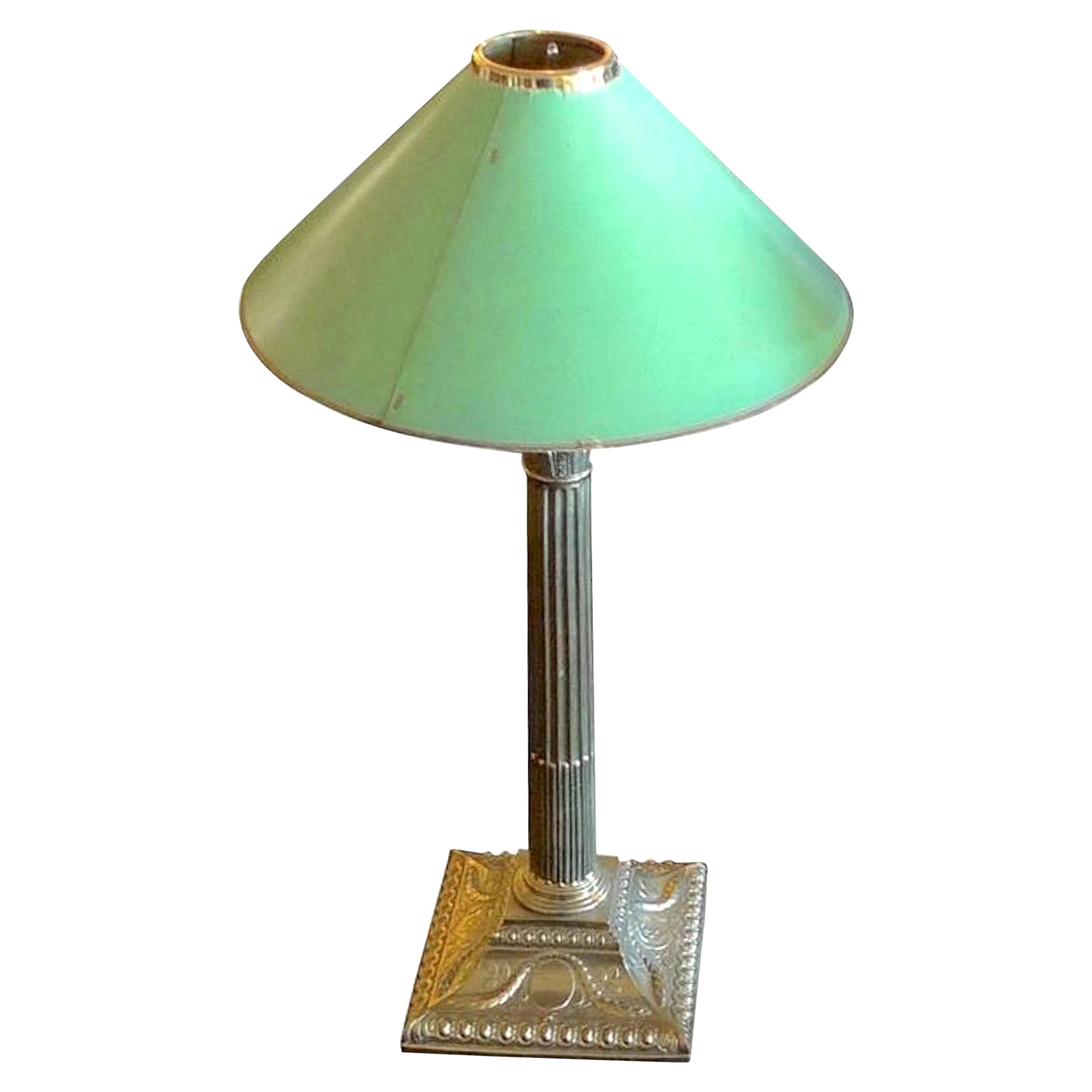 French Vintage Brass Pillar Table Lamp with Paper Shade