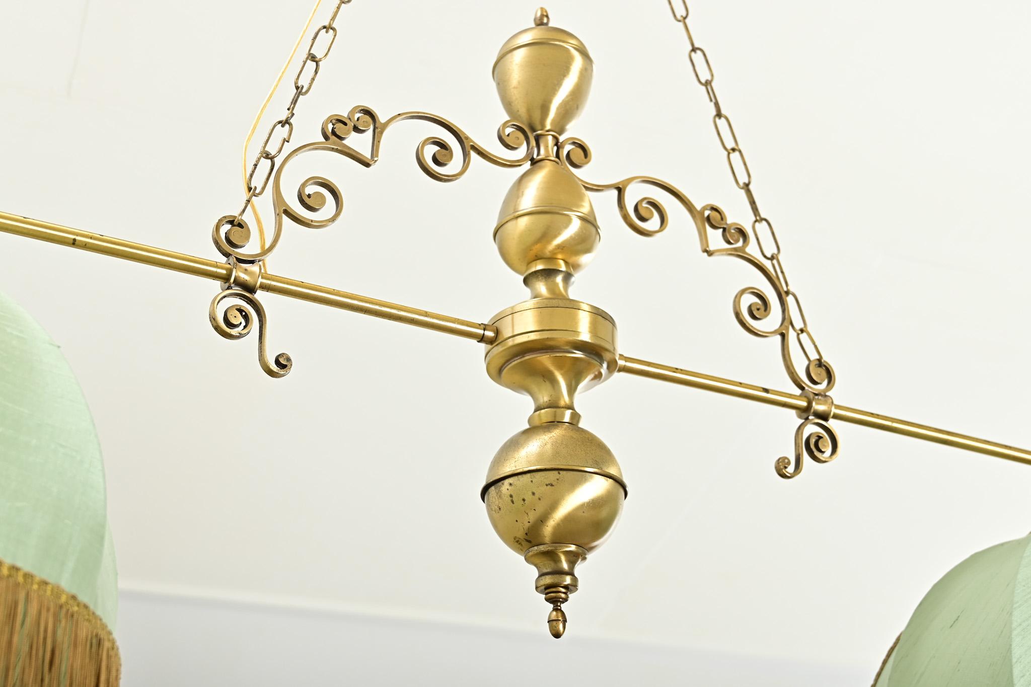 French Vintage Brass, Silk & Fringe Billiard Light For Sale 5