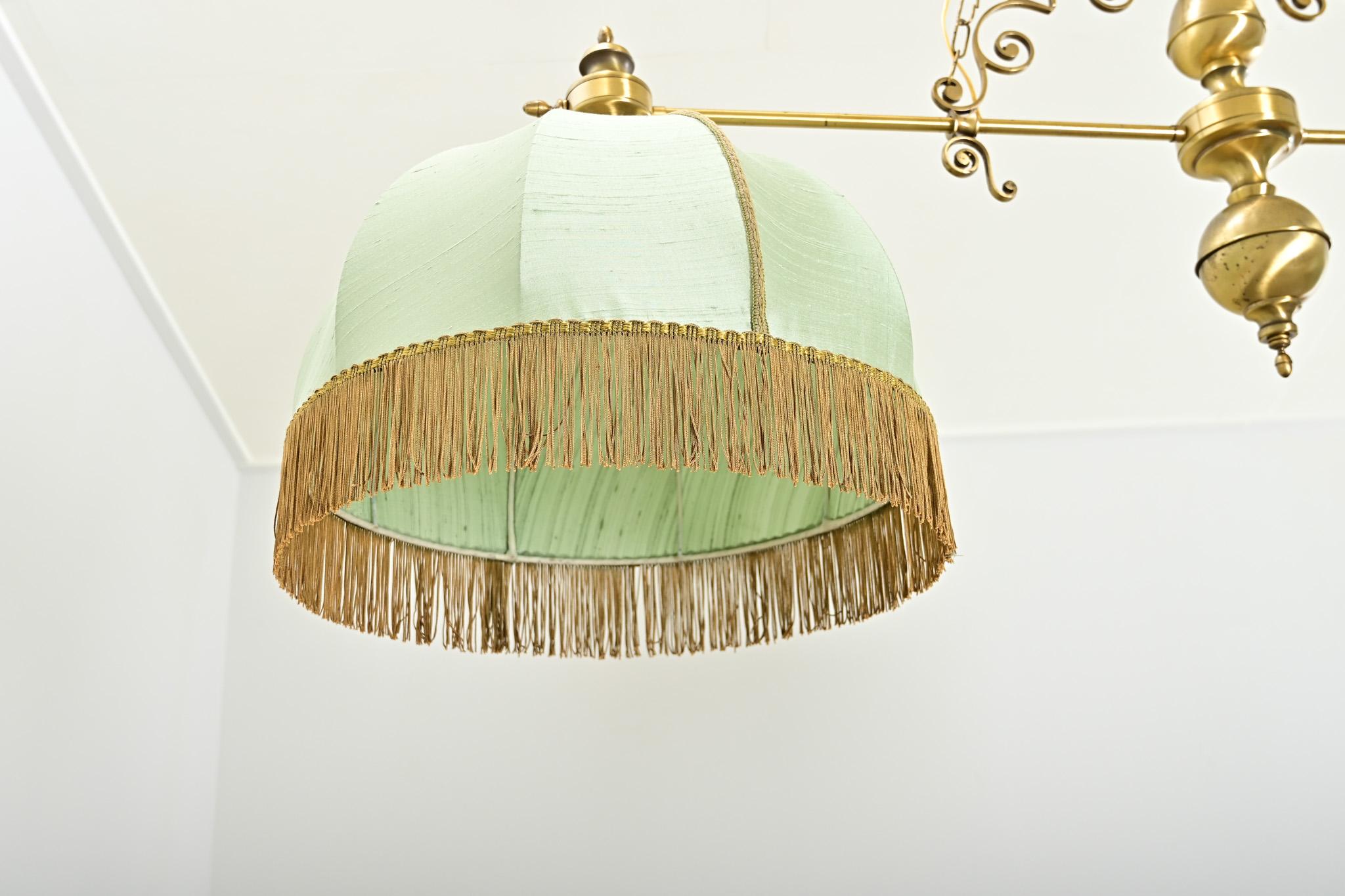French Vintage Brass, Silk & Fringe Billiard Light For Sale 6