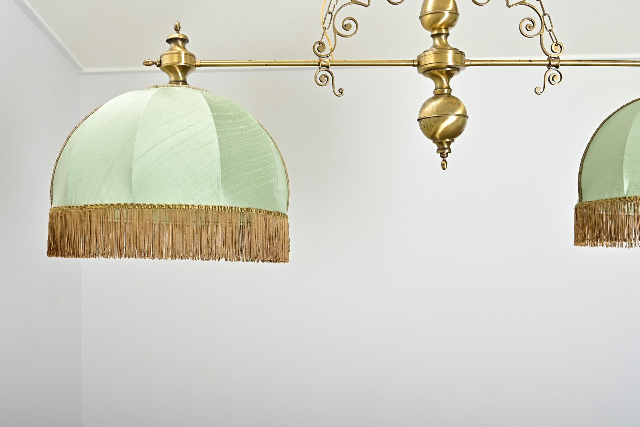 French Vintage Brass, Silk & Fringe Billiard Light For Sale 8