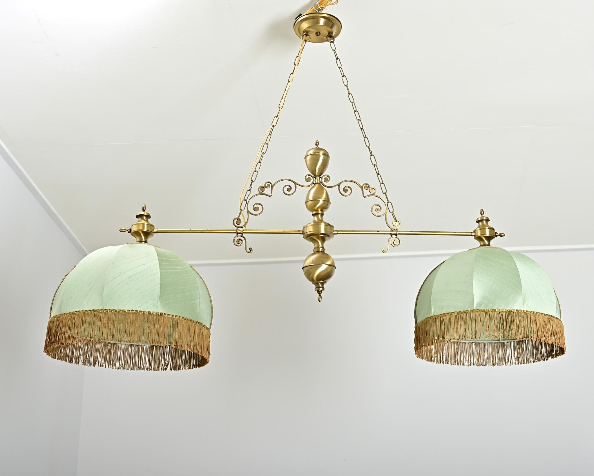French Vintage Brass, Silk & Fringe Billiard Light For Sale 9