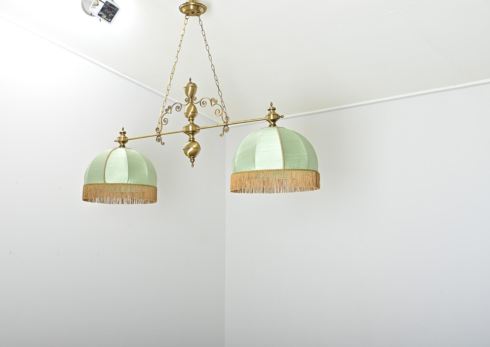 French Provincial French Vintage Brass, Silk & Fringe Billiard Light For Sale