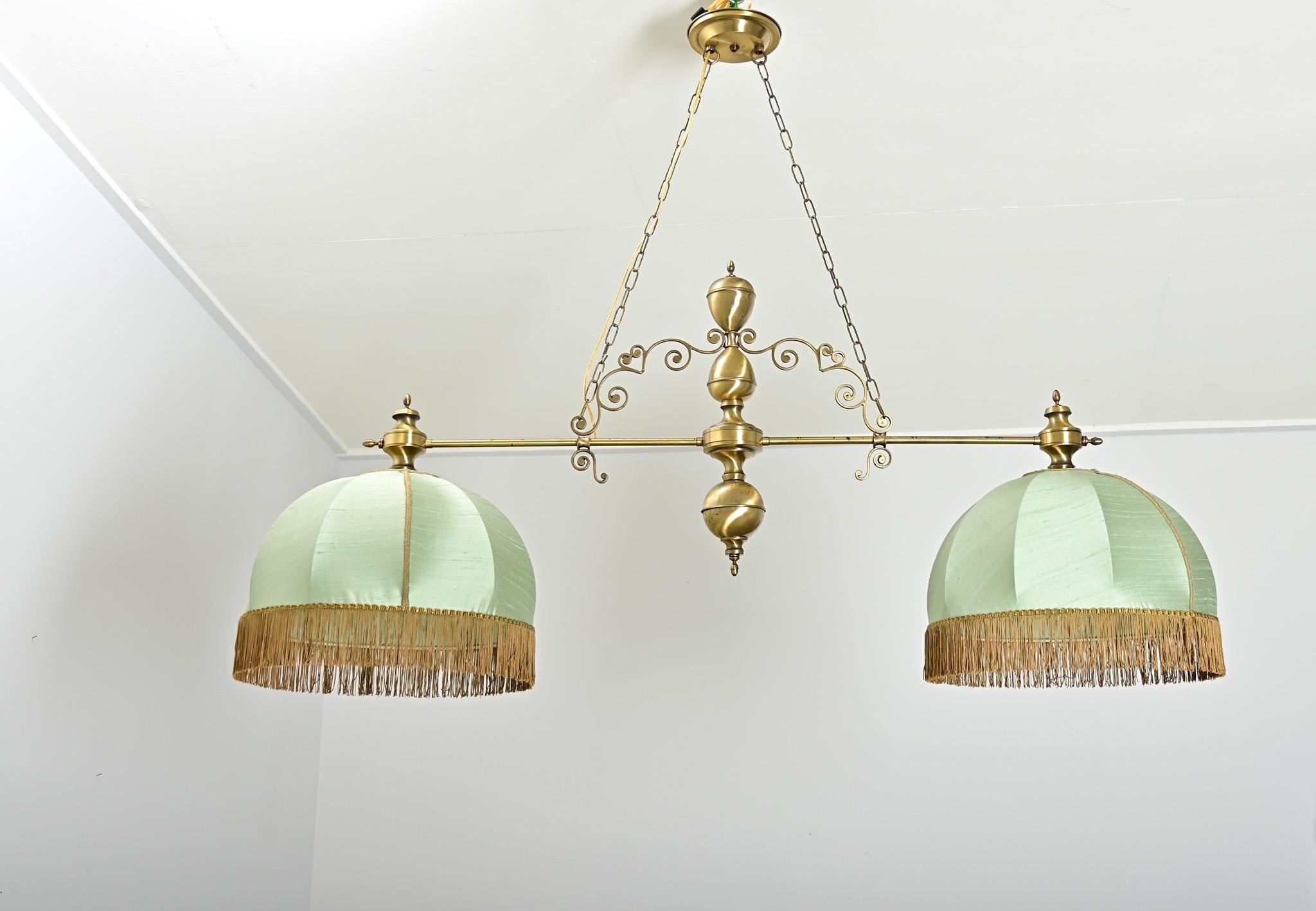 Cast French Vintage Brass, Silk & Fringe Billiard Light For Sale