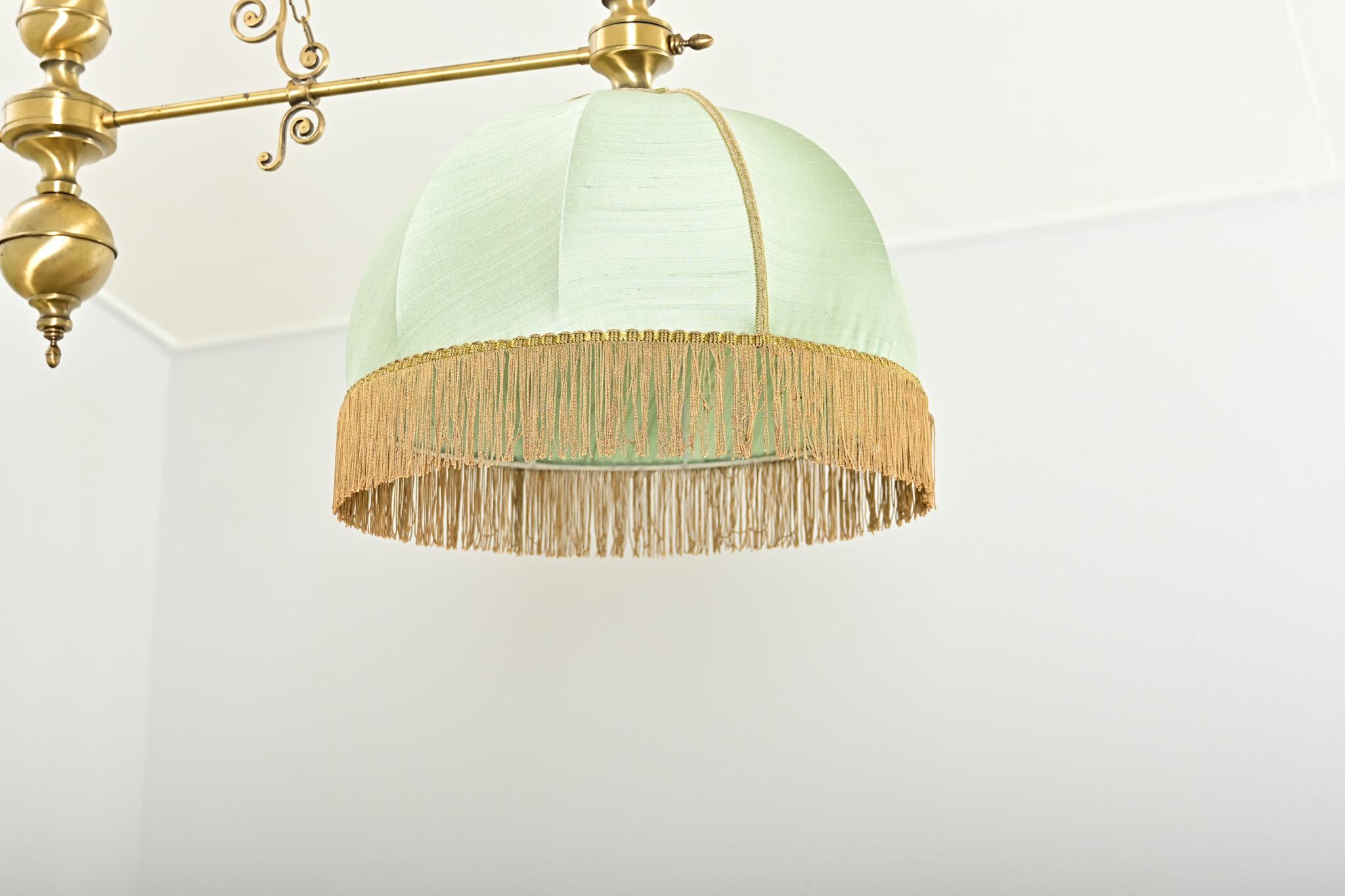 French Vintage Brass, Silk & Fringe Billiard Light In Good Condition For Sale In Baton Rouge, LA