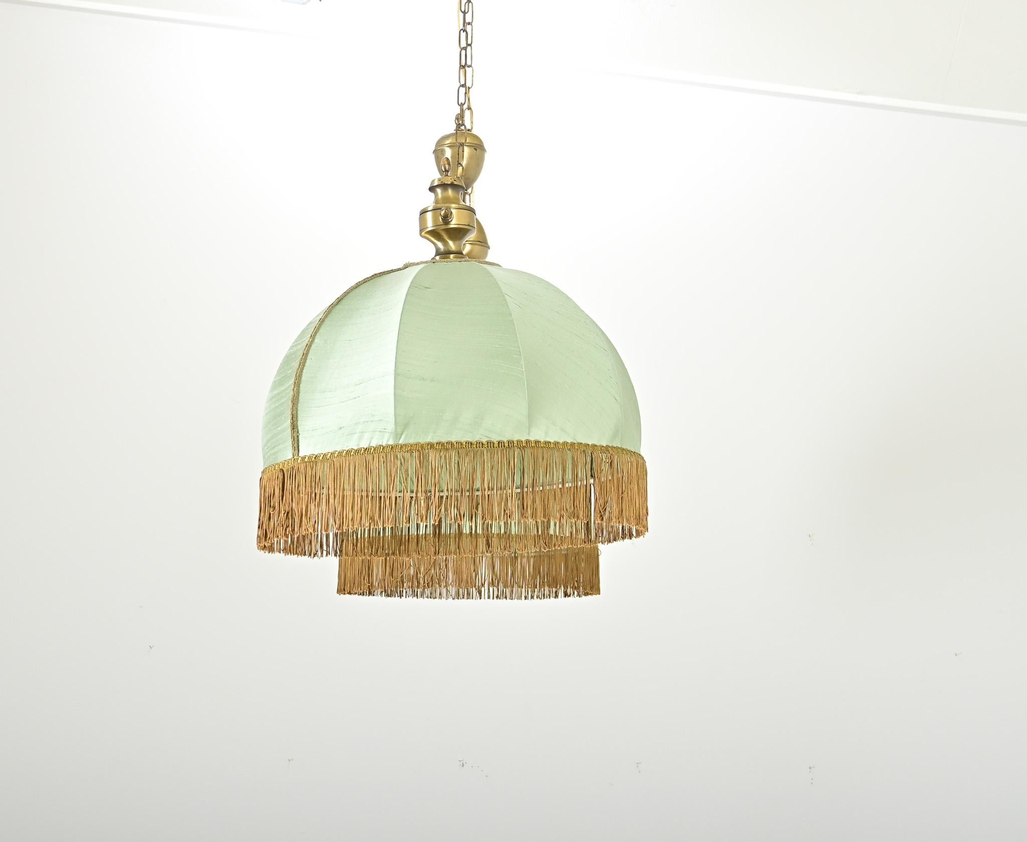 French Vintage Brass, Silk & Fringe Billiard Light For Sale 1