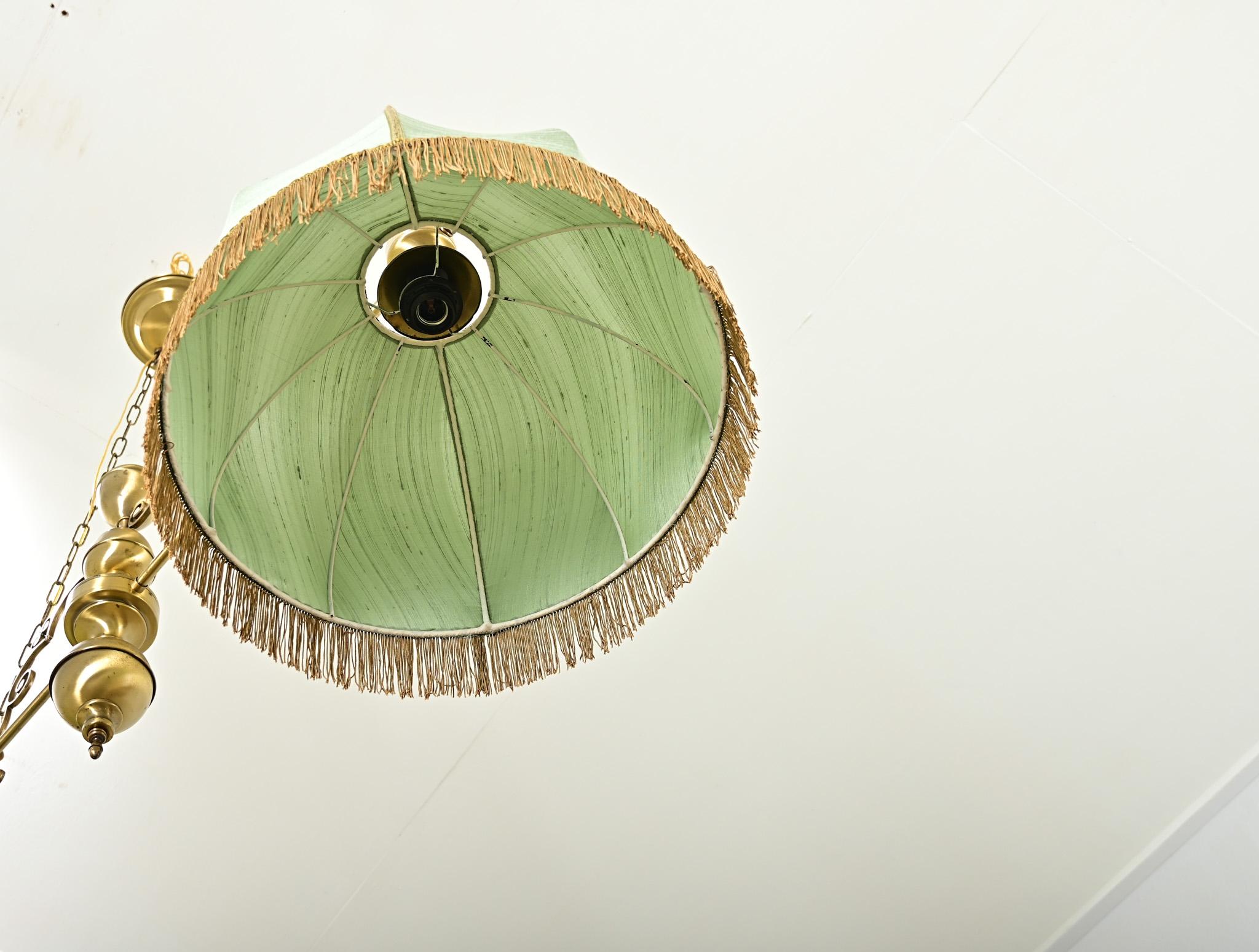 French Vintage Brass, Silk & Fringe Billiard Light For Sale 2