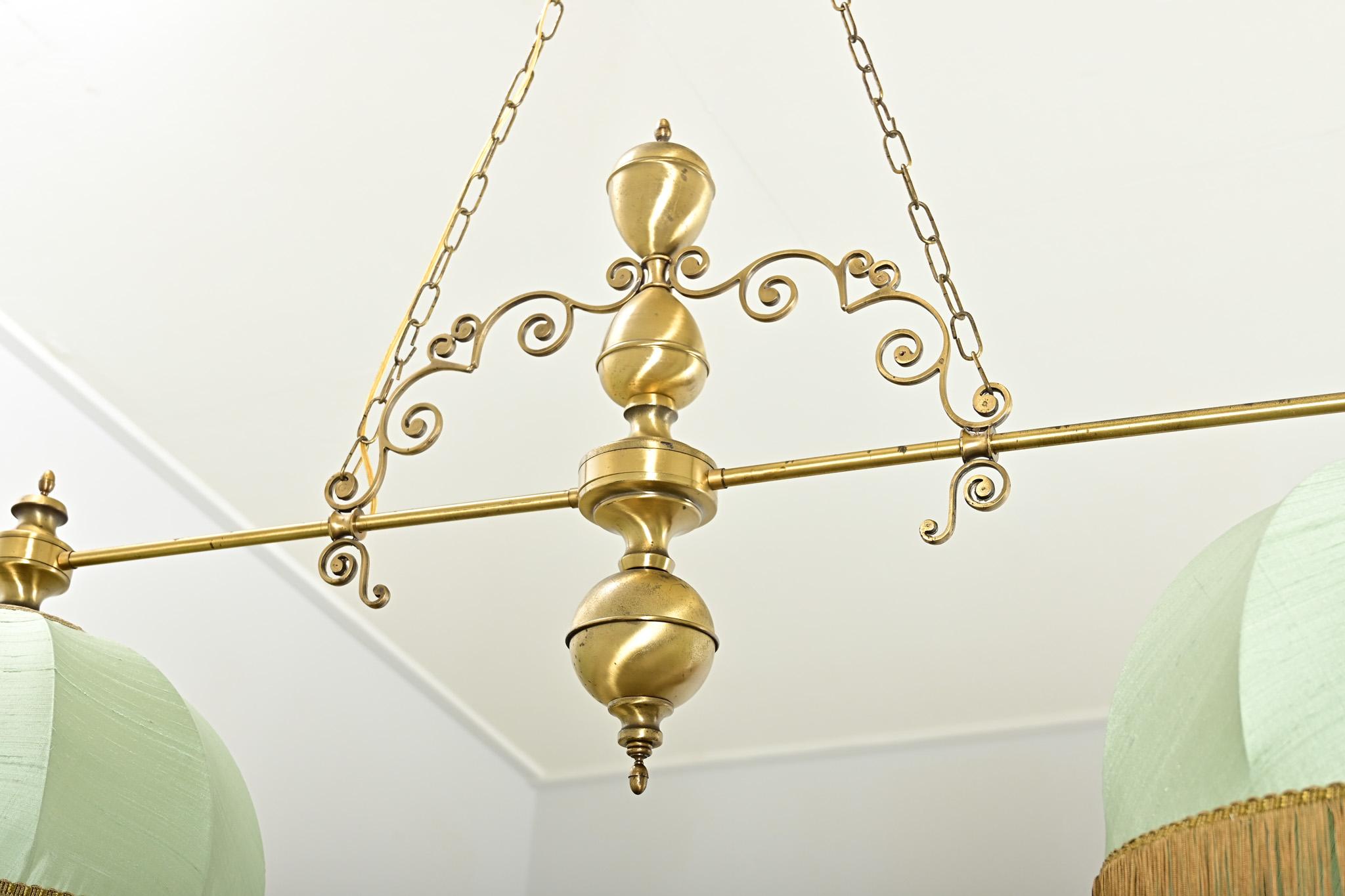 French Vintage Brass, Silk & Fringe Billiard Light For Sale 3