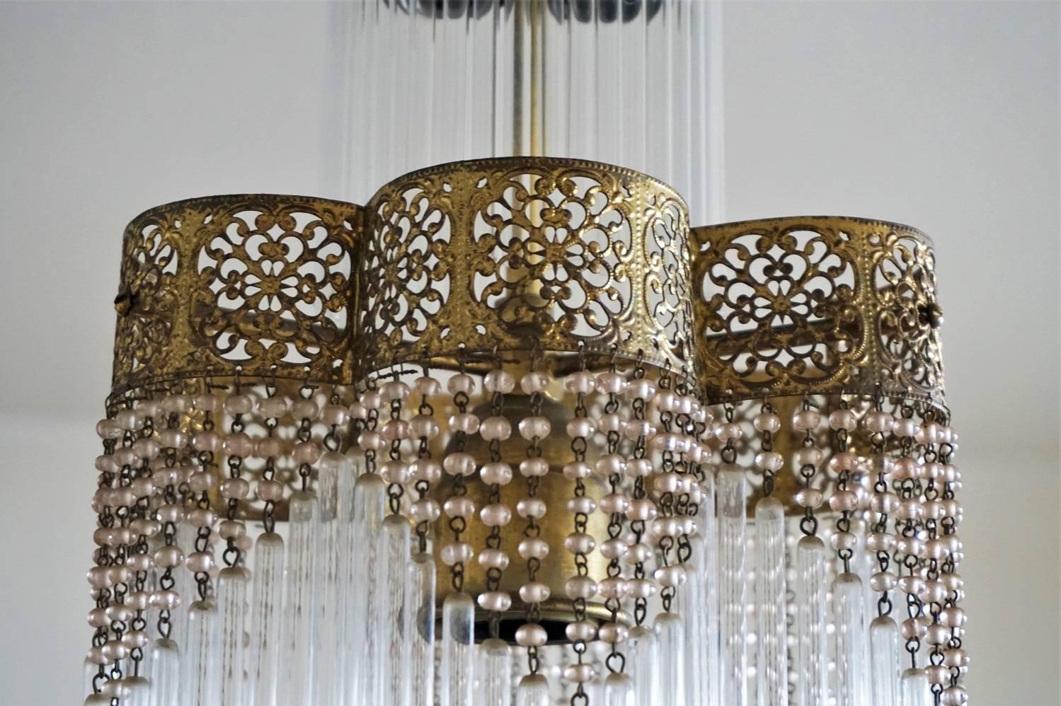 French Vintage Brass Three-Light Chandelier or Lantern, with Glass Rods In Good Condition In Frankfurt am Main, DE