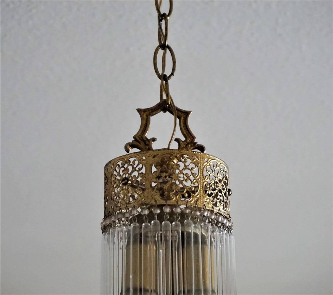 20th Century French Vintage Brass Three-Light Chandelier or Lantern, with Glass Rods