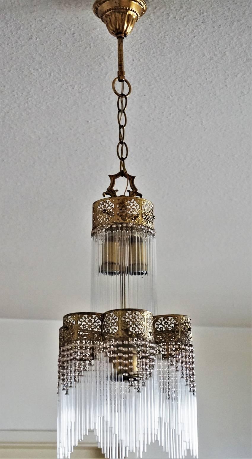 French Vintage Brass Three-Light Chandelier or Lantern, with Glass Rods 1