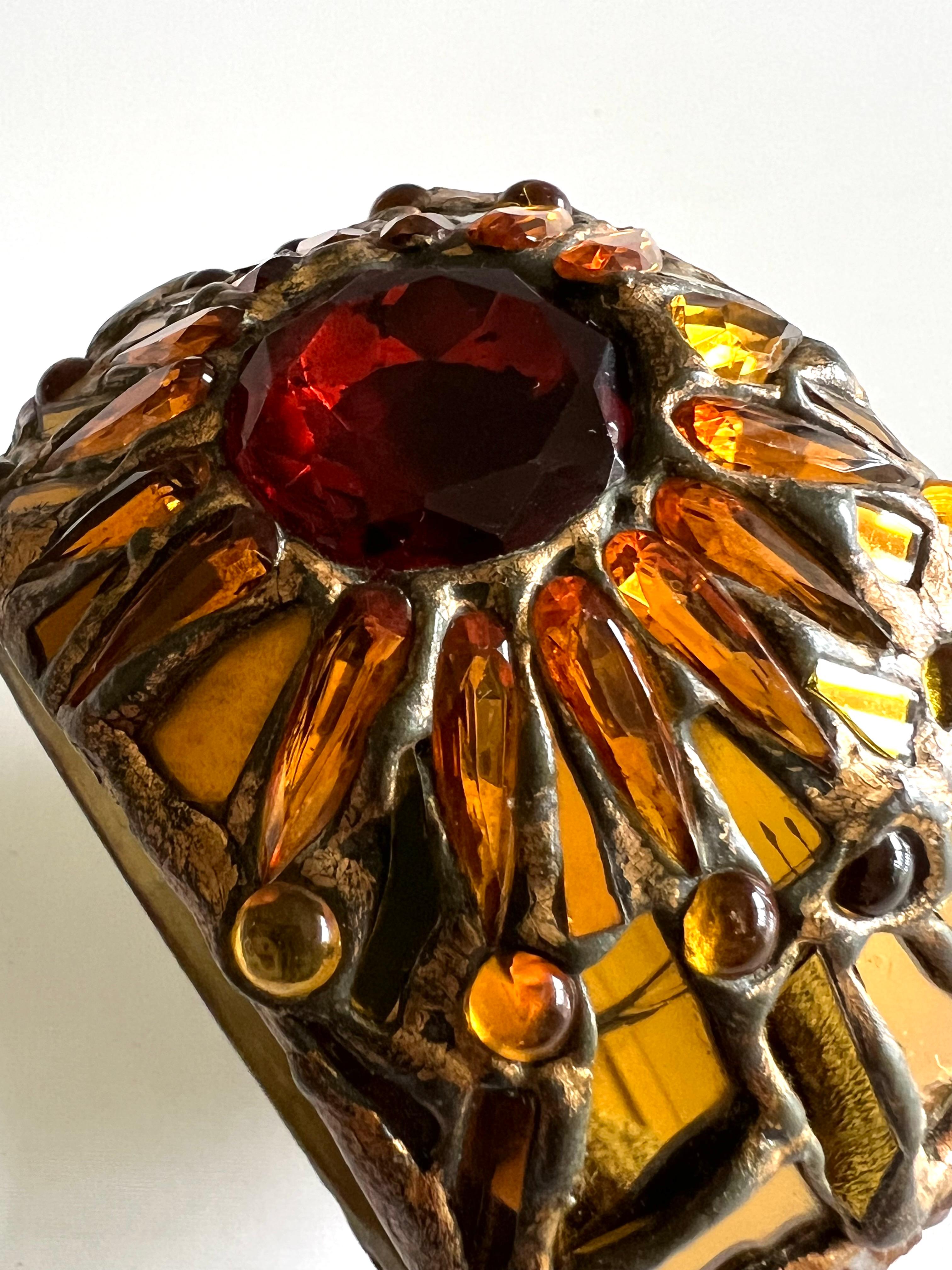 Scarce and highly collectable vintage artisan handcrafted in Paris France bronze topaz color talosel and mirror chunky bangle bracelet in the manner of Line Vautrin - featuring an ornate sunburst design.