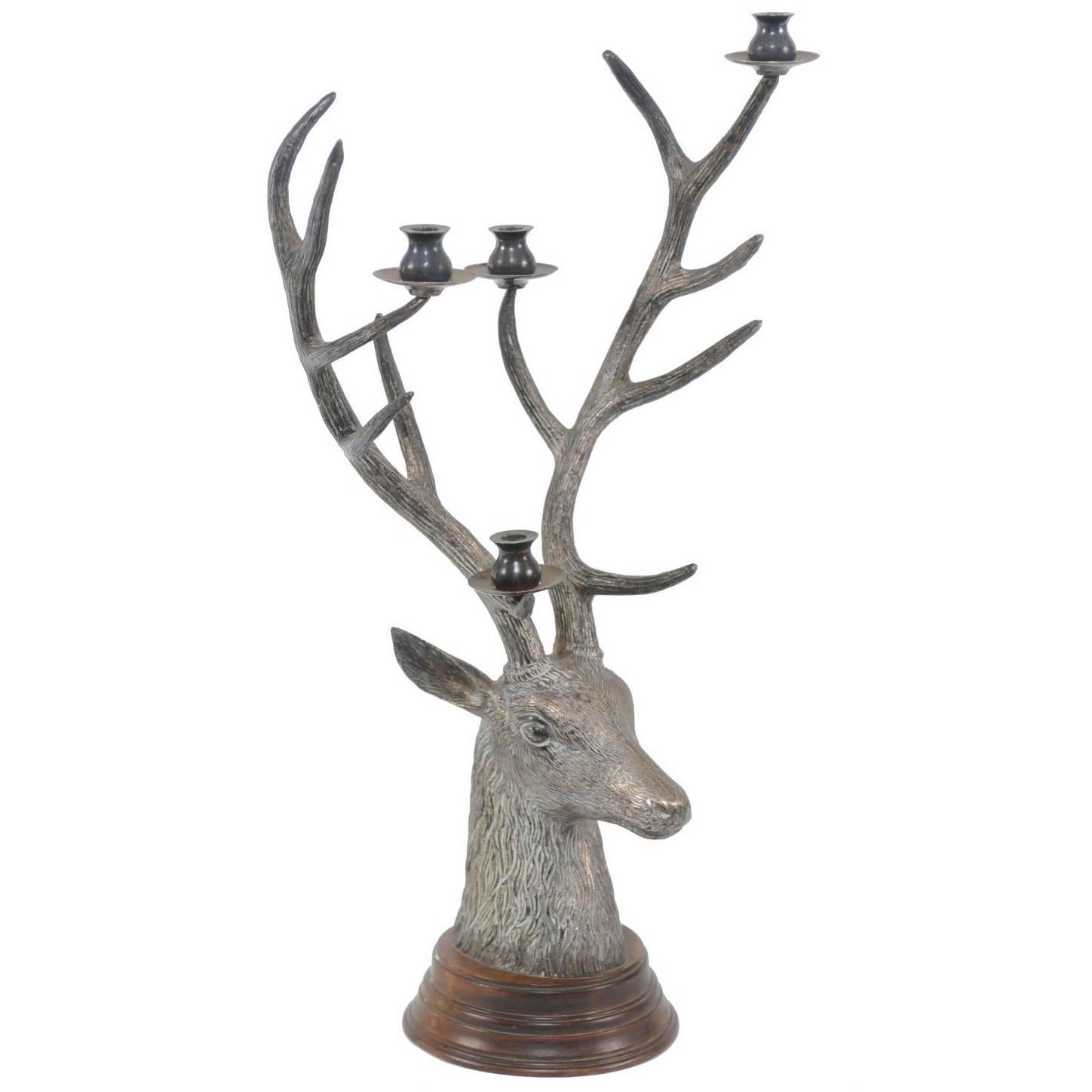 French Vintage Bronze Candelabra Depicting a Buck Head with Tall Antlers, 1950s