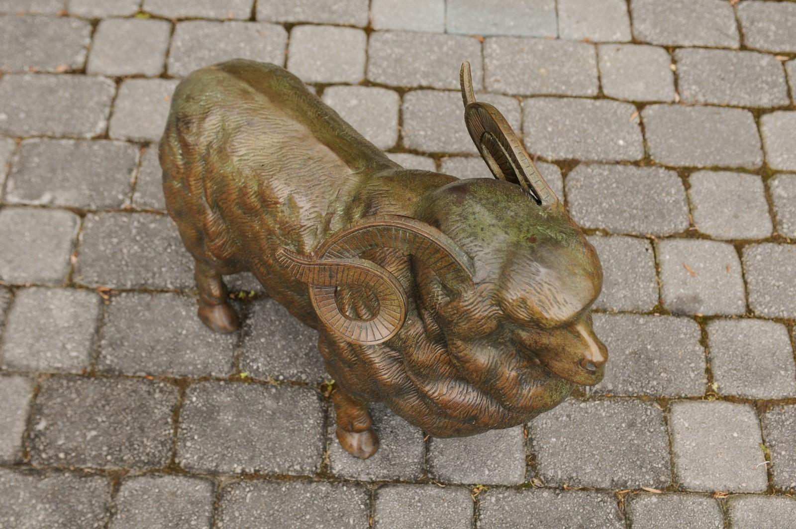 French Vintage Bronze Ram Sculpture from the Midcentury, with Large Horns In Good Condition In Atlanta, GA