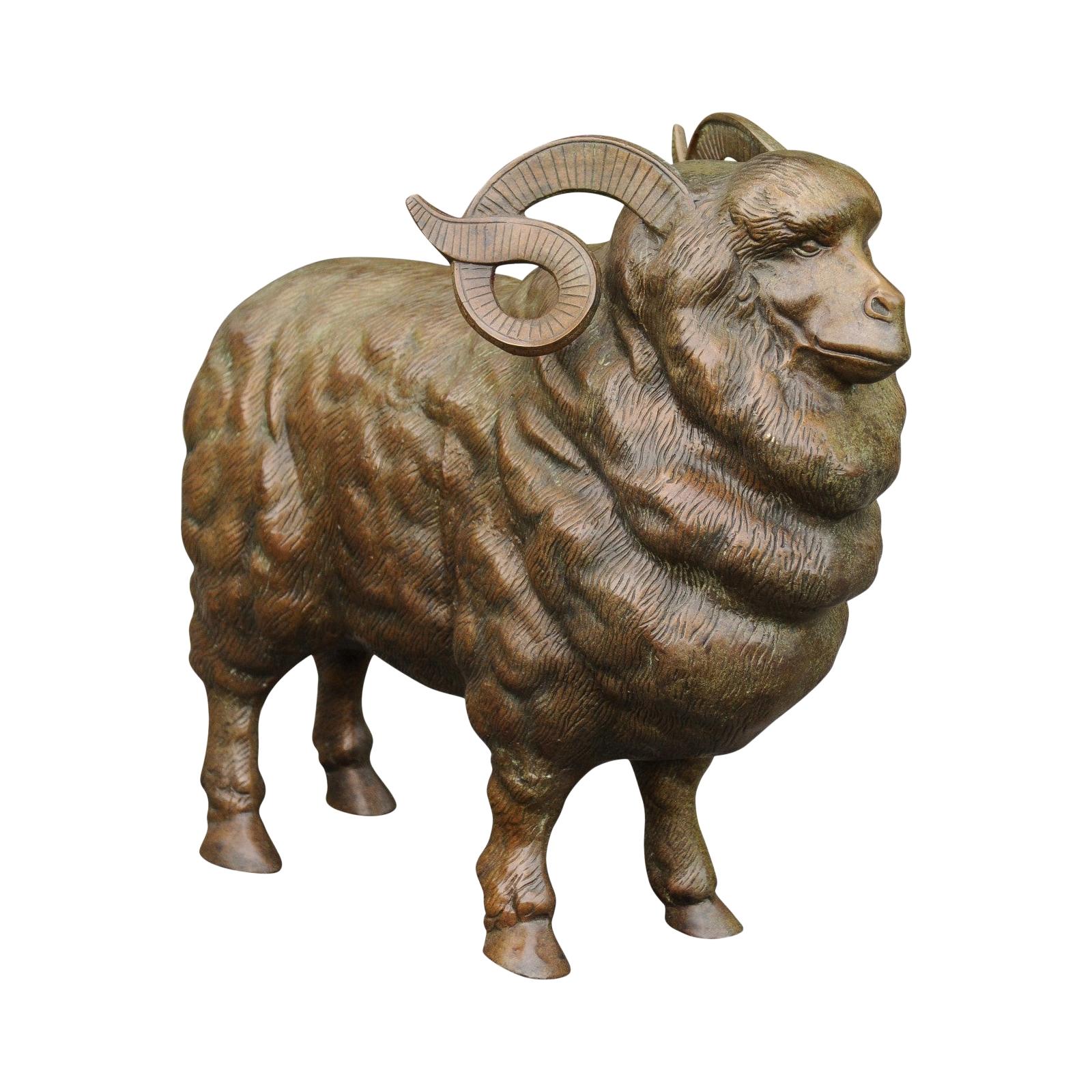 French Vintage Bronze Ram Sculpture from the Midcentury, with Large Horns