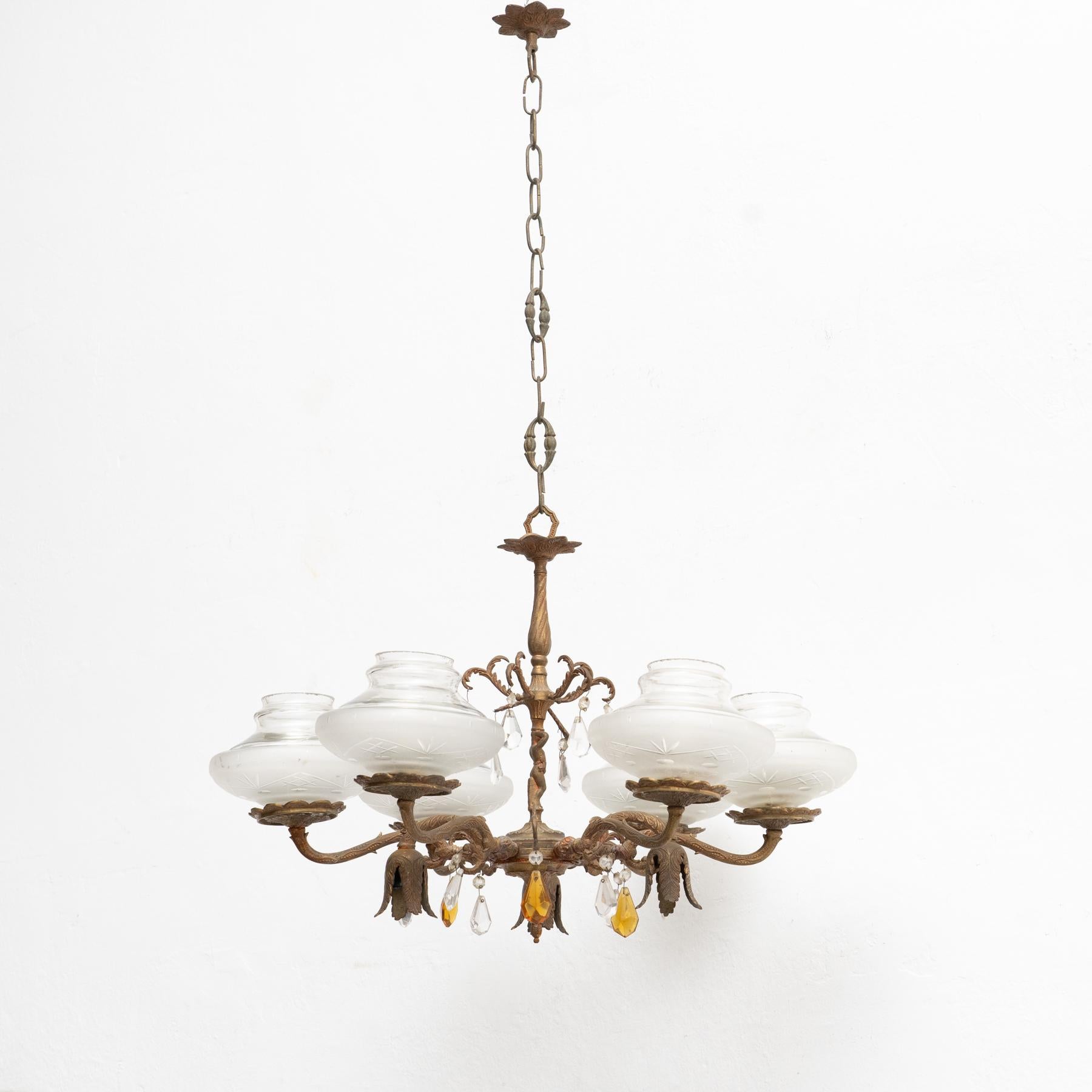 Mid-20th Century French Vintage Bronze Spider Ceiling Lamp, circa 1940 For Sale