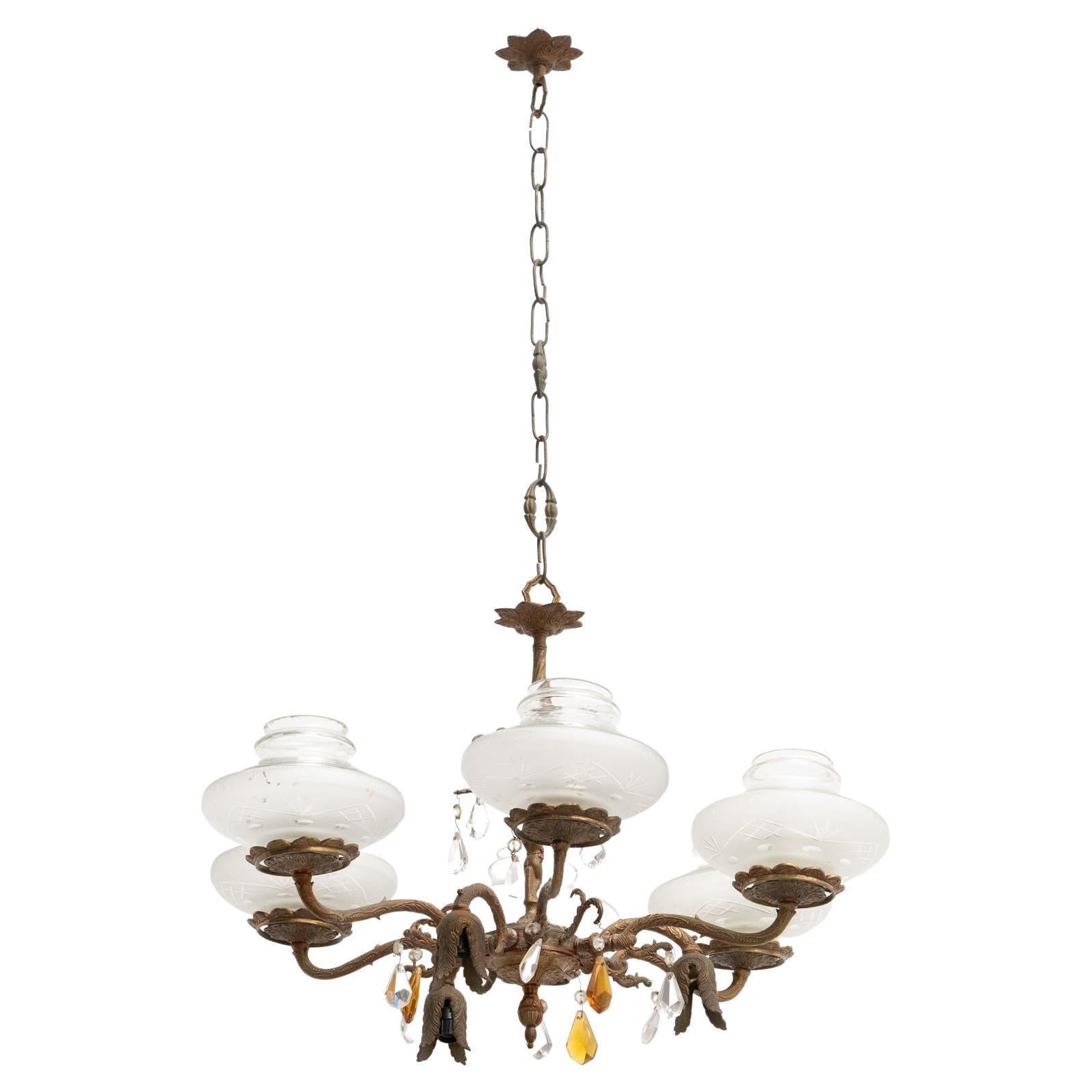 French Vintage Bronze Spider Ceiling Lamp, circa 1940