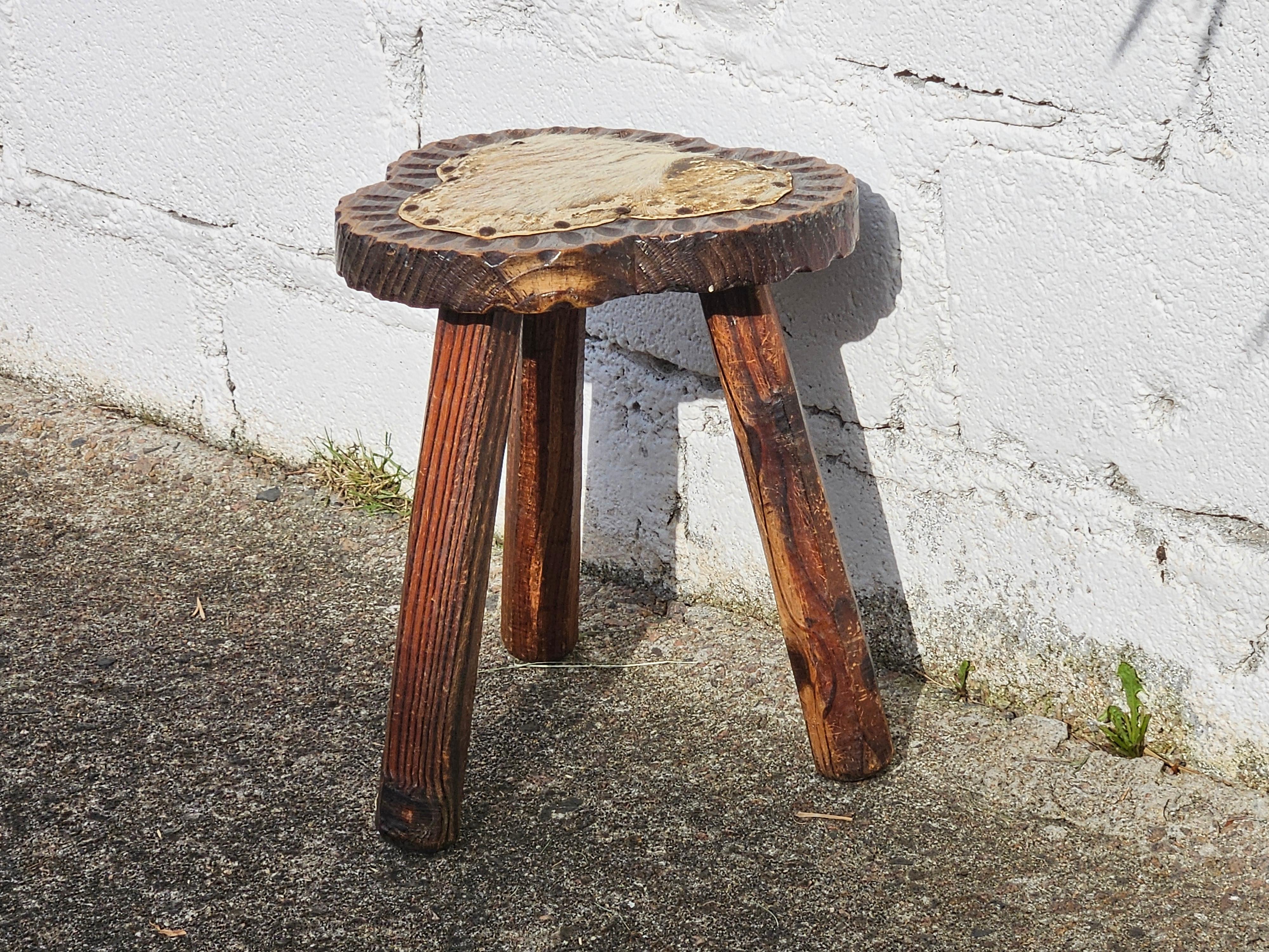 Hand-Carved French Vintage Brutalist Hand carved Tripod Stool - 50s